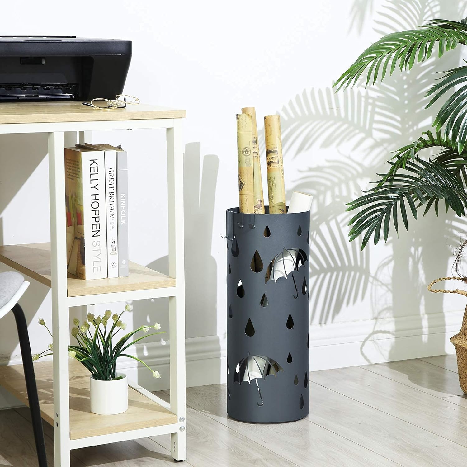 SONGMICS Metal Umbrella Stand with 4 Hooks and Water Tray