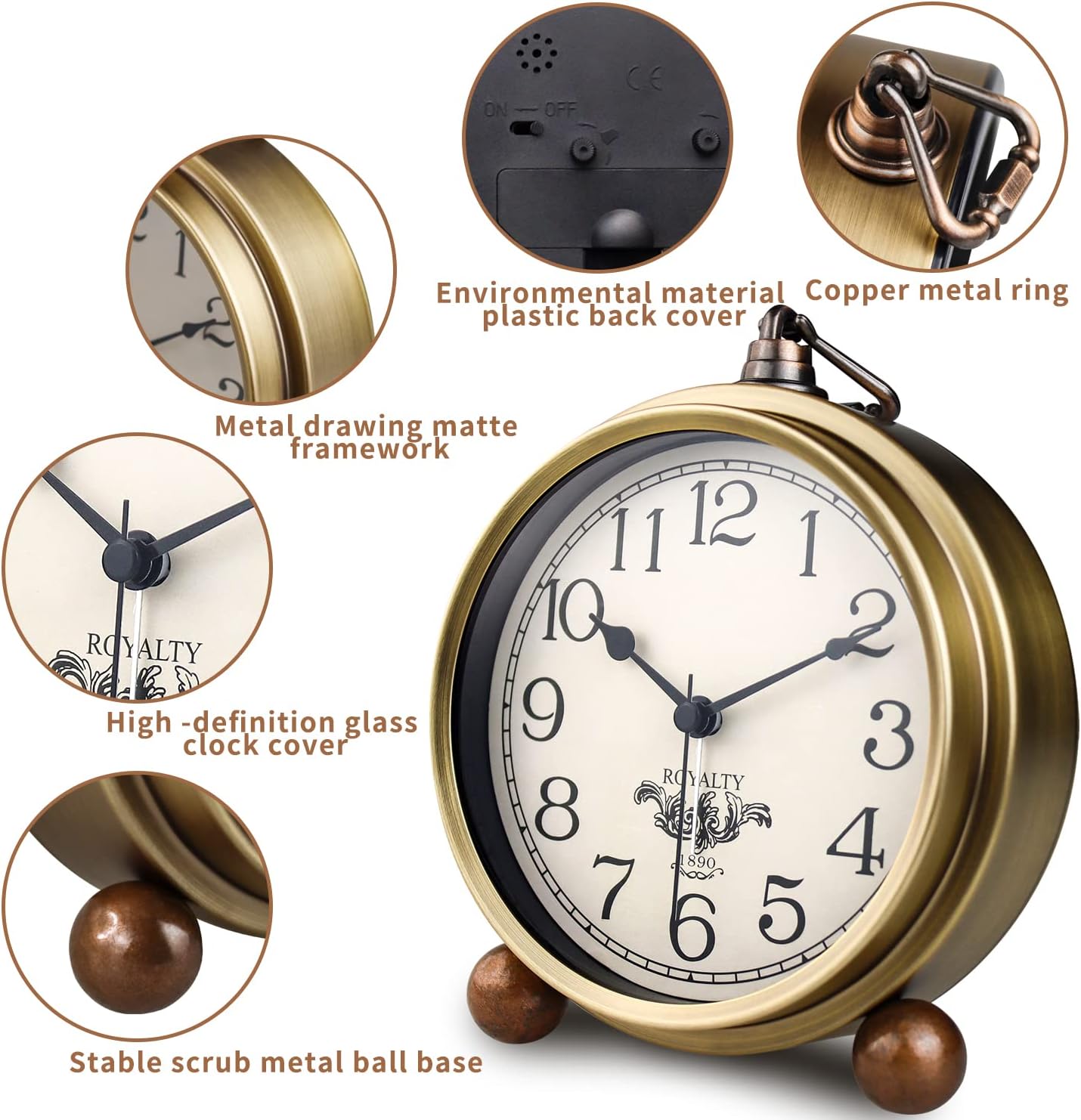 NEOTEND Gold Desk Alarm Clock with Metal Base