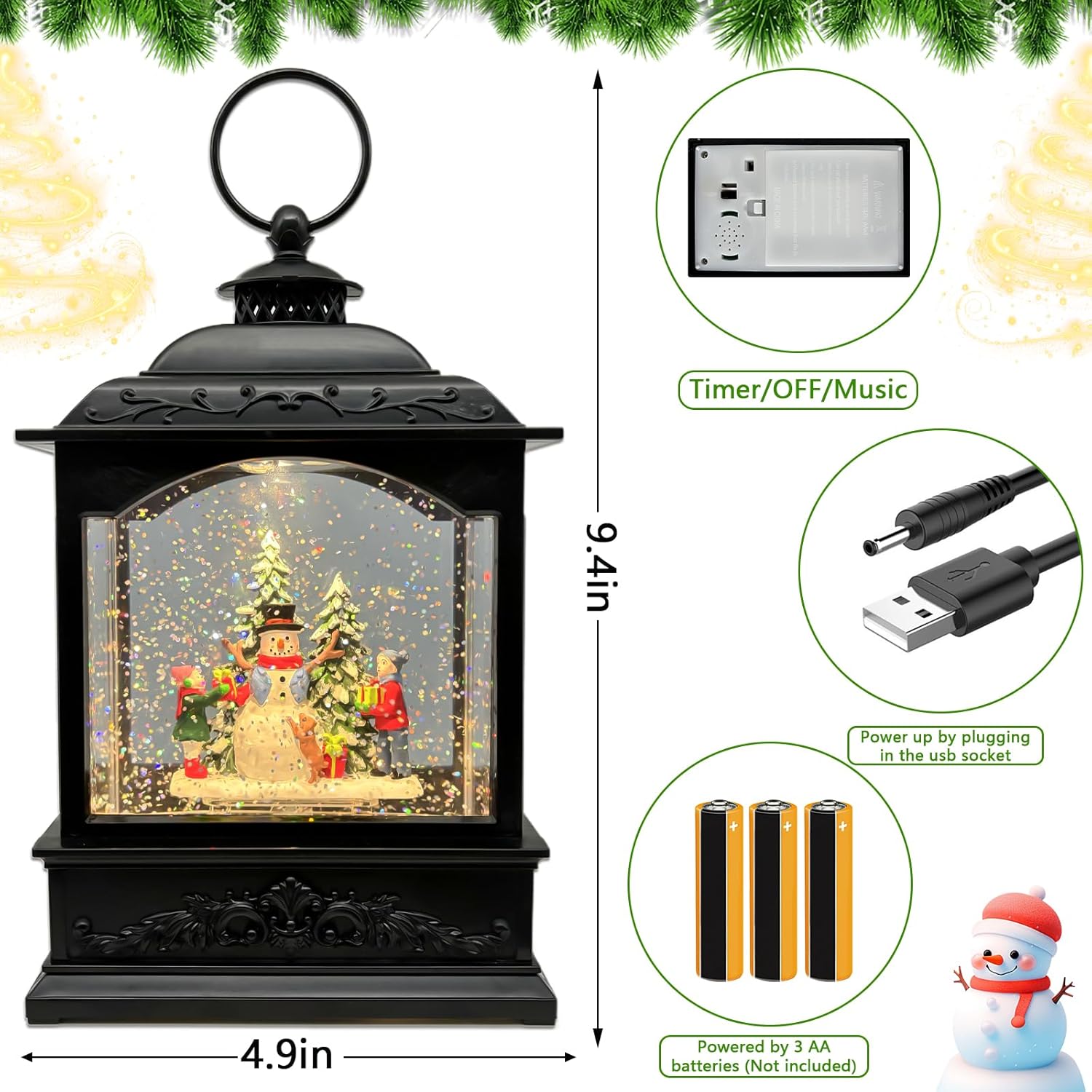 AOMIL Christmas Snow Globe Lantern with Music Timer