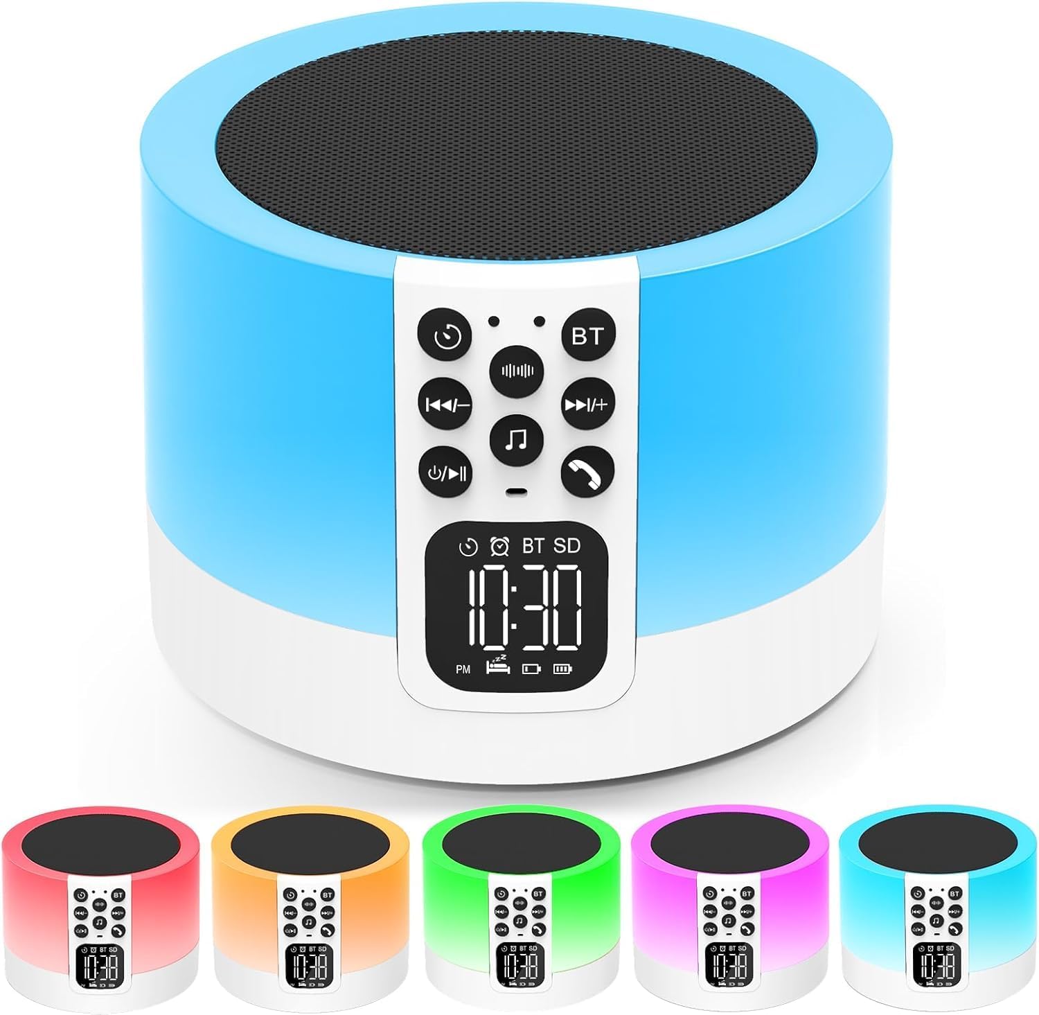 Night Light Bluetooth Speaker Alarm Clock with White Noise and RGB Light