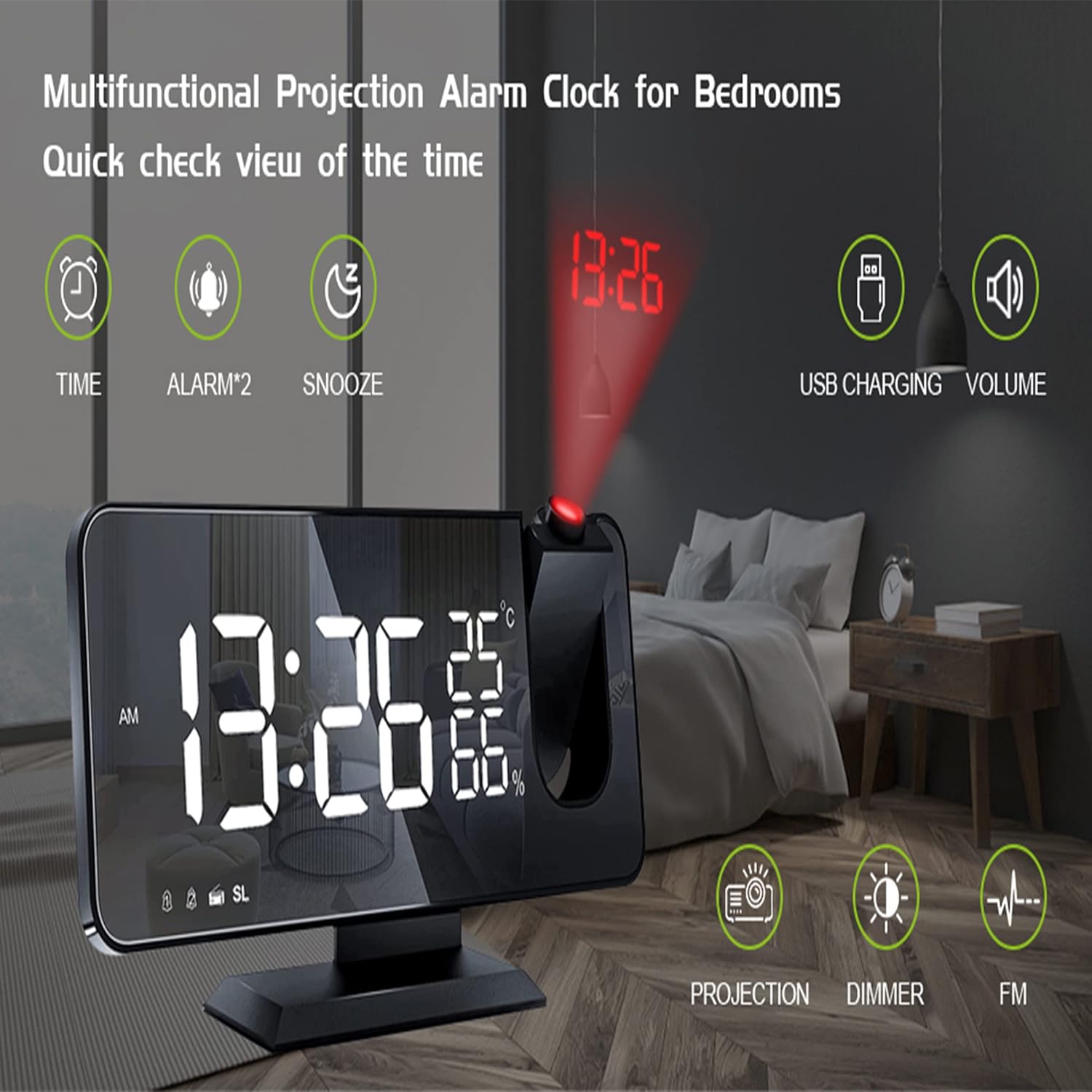 THE CEO Dual Alarm Clock with Ceiling Projection and USB Charging