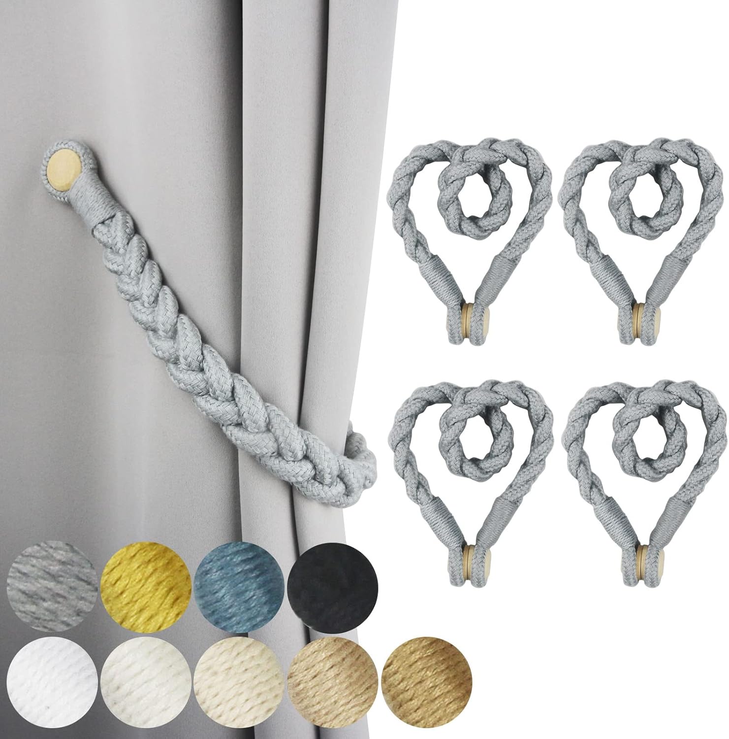4 Pack Grey Magnetic Curtain Tiebacks with Wooden Buckle