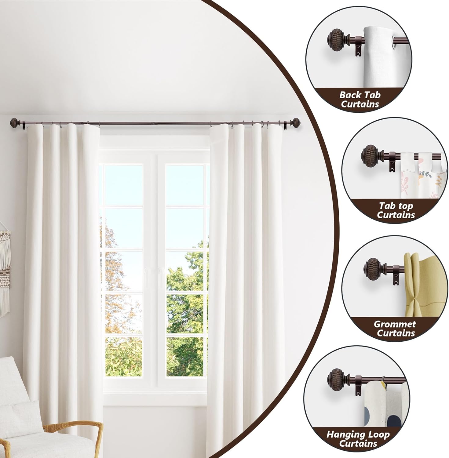 Bronze 1 Inch Adjustable Curtain Rods with Lantern Ends