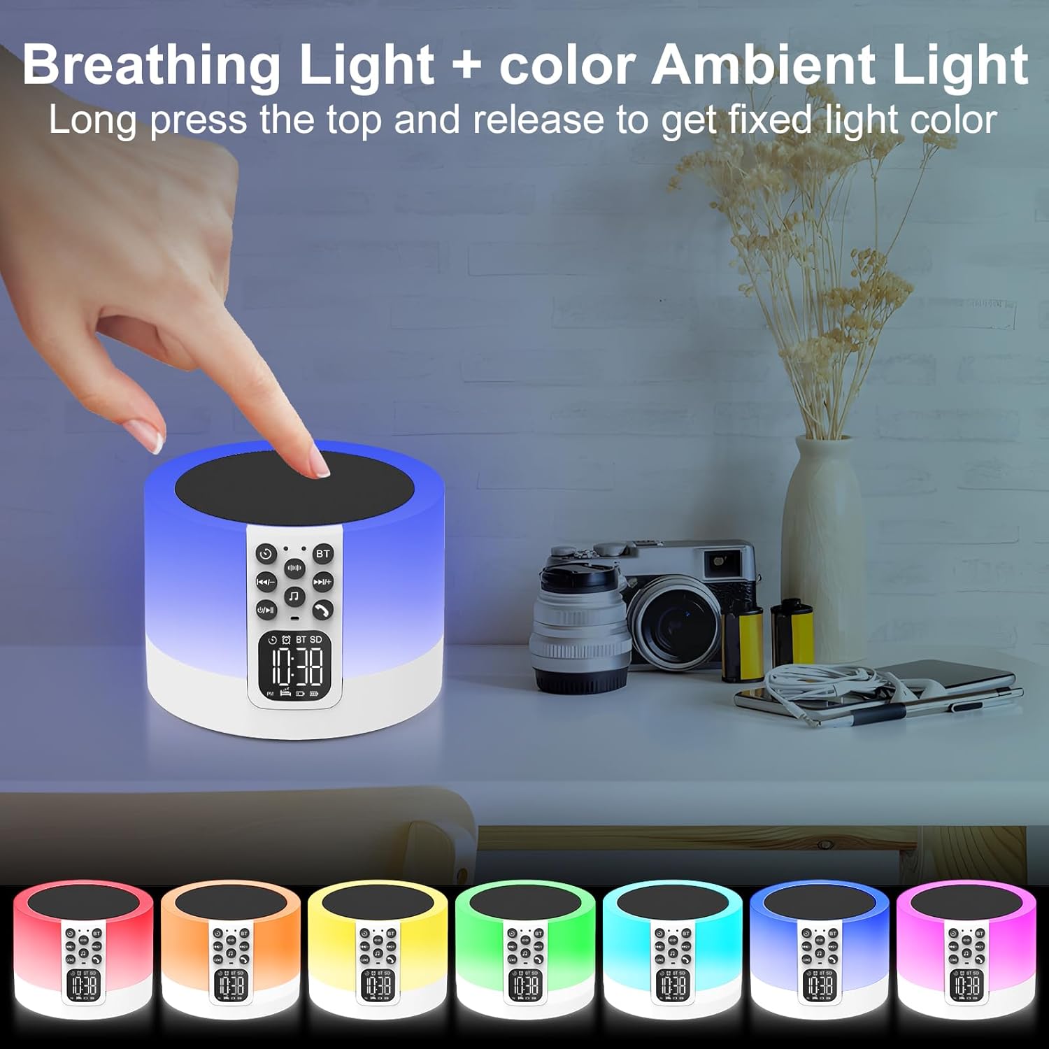 Night Light Bluetooth Speaker Alarm Clock with White Noise and RGB Light