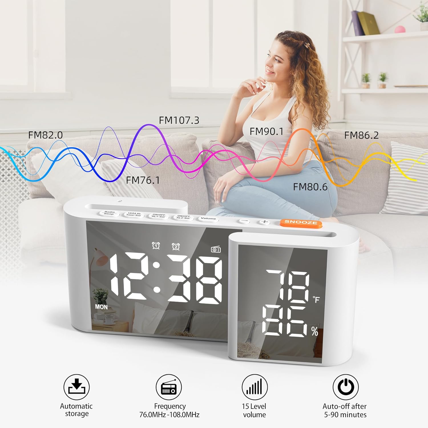 Vauno S-Shaped Alarm Clock with Dual Display and FM Radio