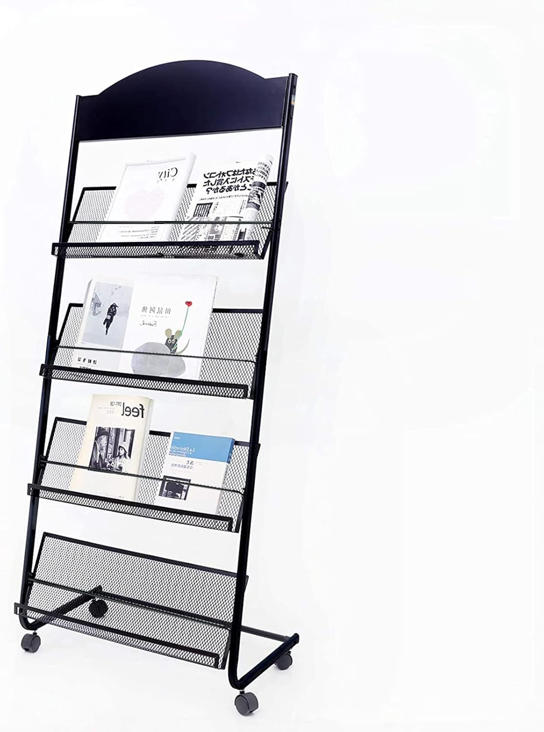 Floor Standing Magazine Rack with Locking Wheels 4 Tier