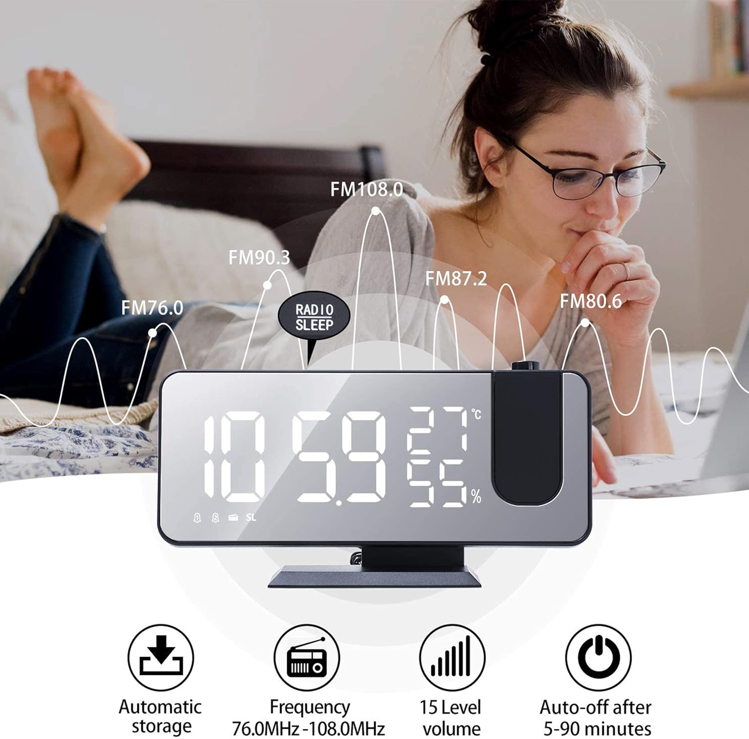THE CEO Dual Alarm Clock with Ceiling Projection and USB Charging