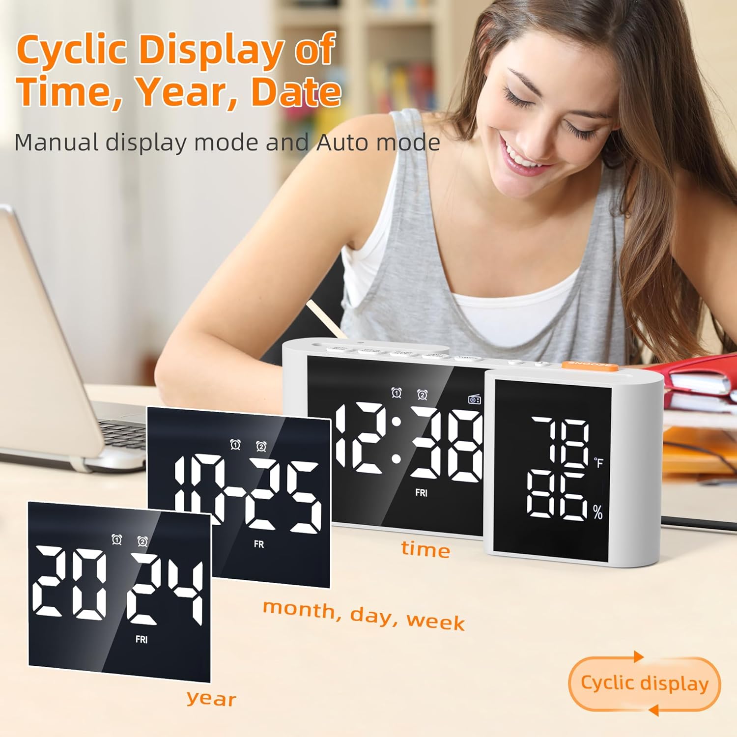 Vauno S-Shaped Alarm Clock with Dual Display and FM Radio