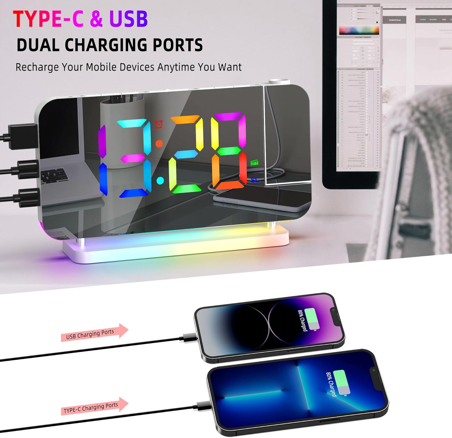 Hanaix Projection Alarm Clock with RGB Night Light and Auto Dimming