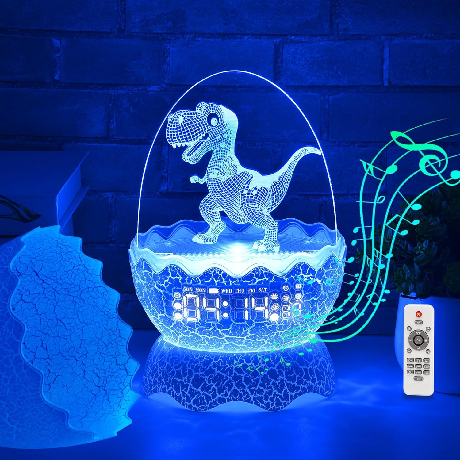 Cute Dinosaur Egg Alarm Clock with Night Light and Bluetooth Speaker