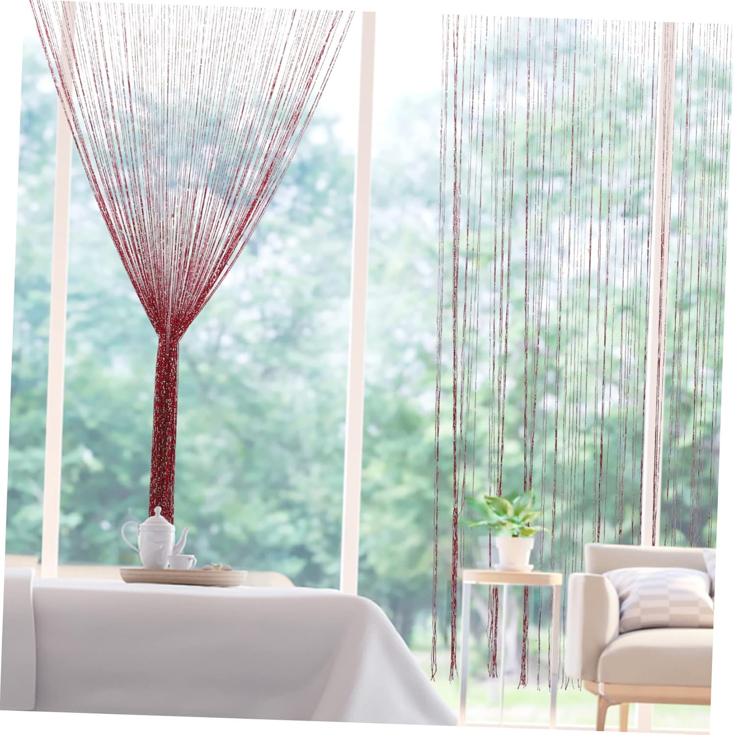 Silver Silk String Curtains for Doorway Boho Room Divider