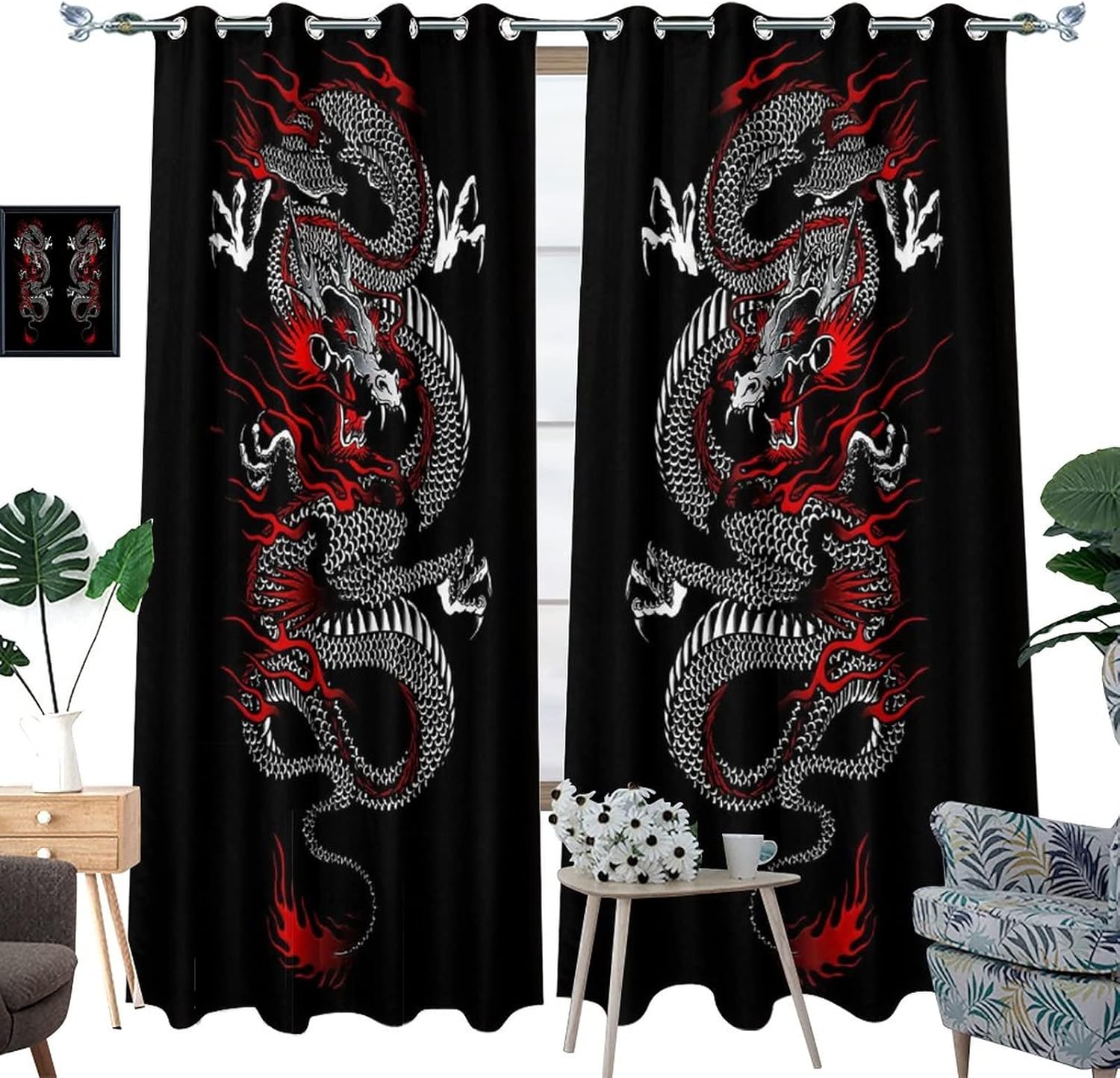 Fantasy Dragon Curtains Black Red Grommet Panels