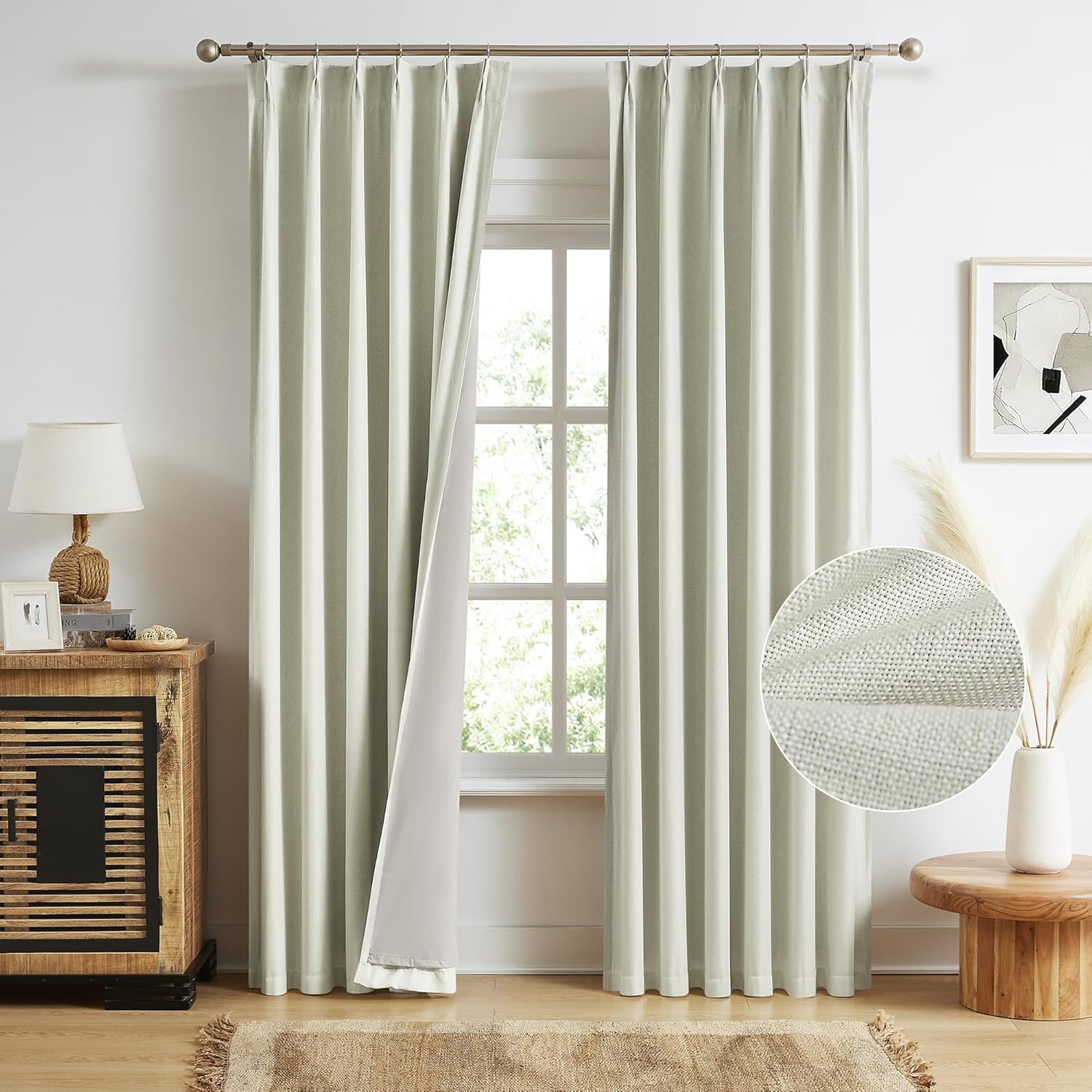 MAIHER 80 Inch Blackout Linen Curtains with Pinch Pleat and Back Tabs