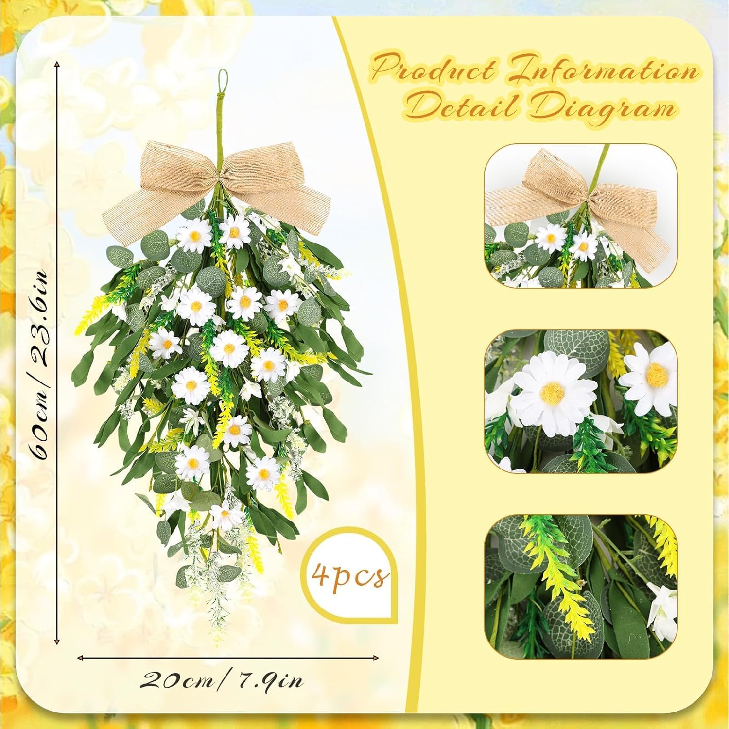 4 Pcs 24 Inch Artificial White Daisy Teardrop Wreath Swag