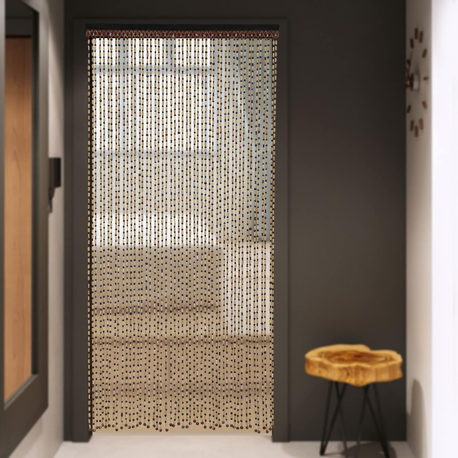 Wood and Bamboo Beaded Curtain for Doorway Room Divider