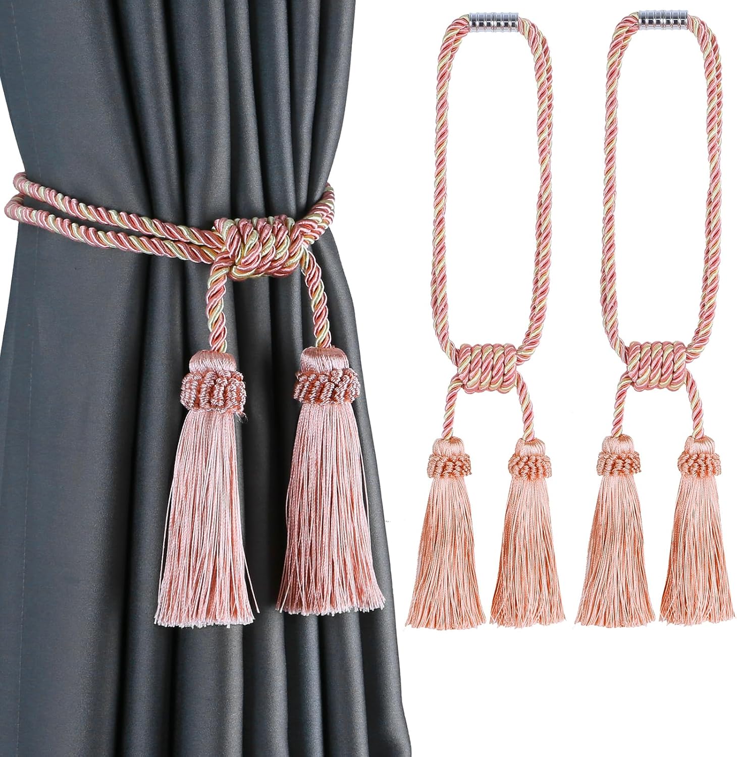 Fenghuangwu Magnetic Curtain Tiebacks Tassel 2 Pack Mix Pink