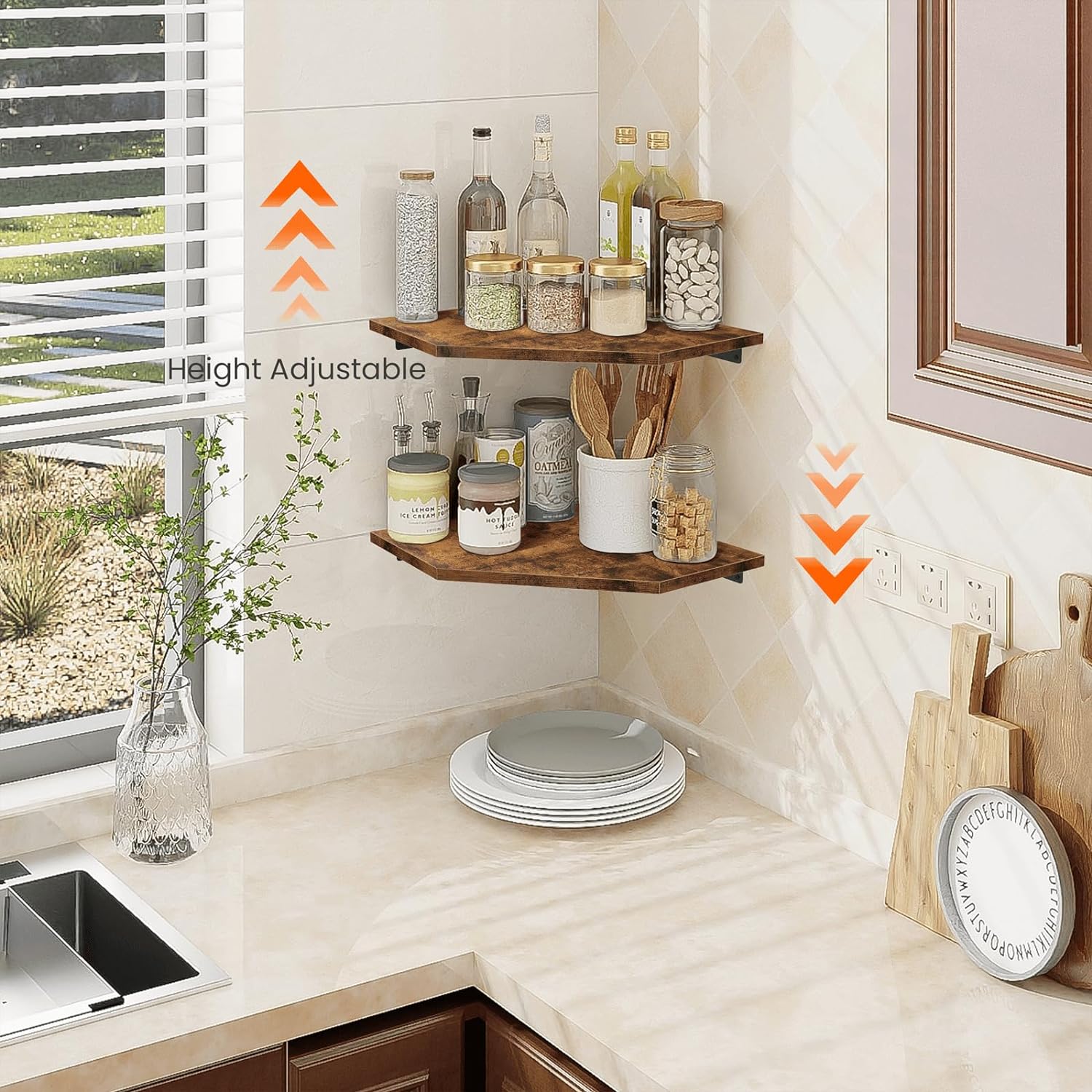 Homode Corner Shelf Wall Mount Set of 2 Rustic Brown