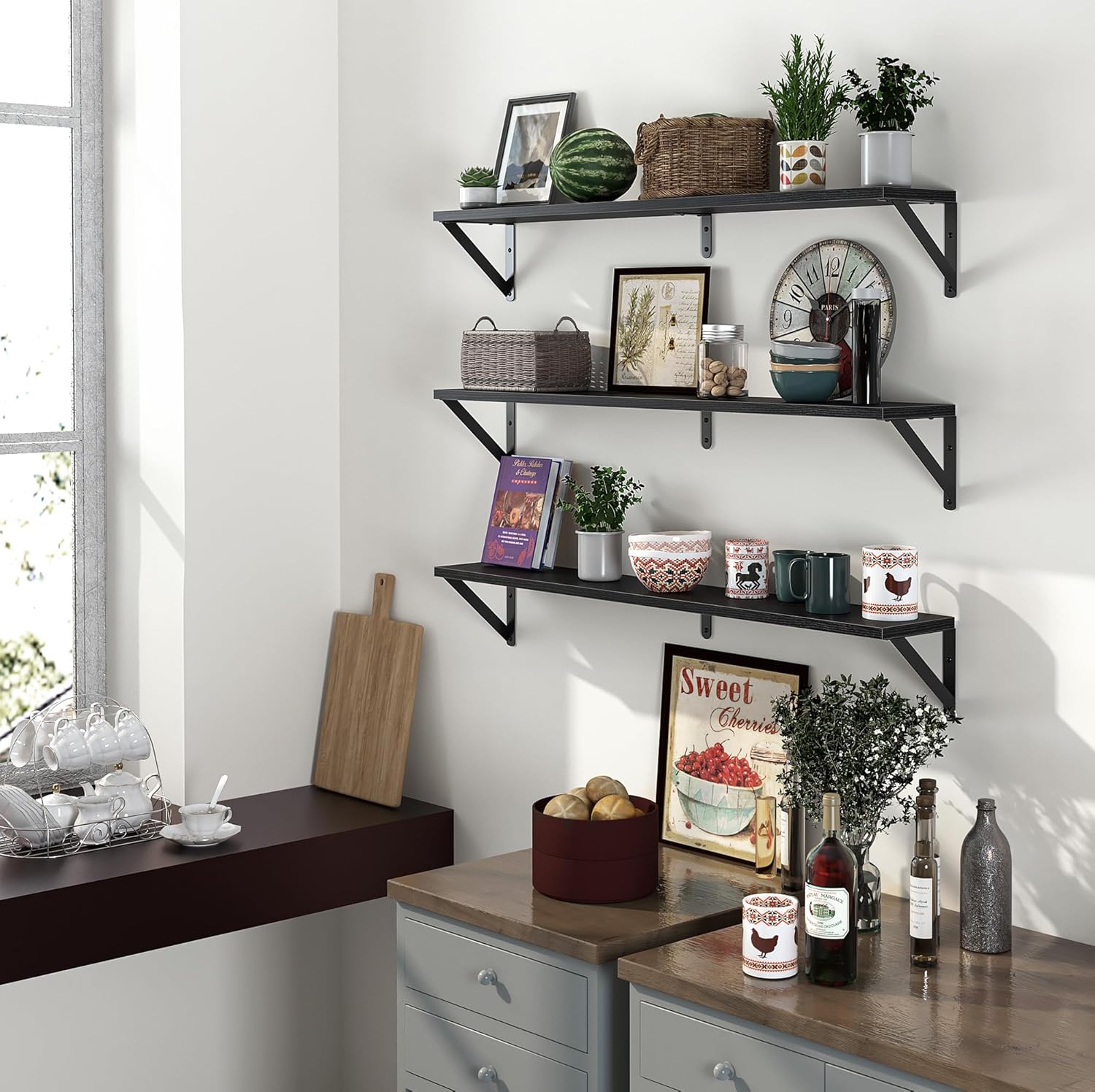 Heimlove Floating Shelves Set of 3 36 Inch Black Wood Wall Mounted