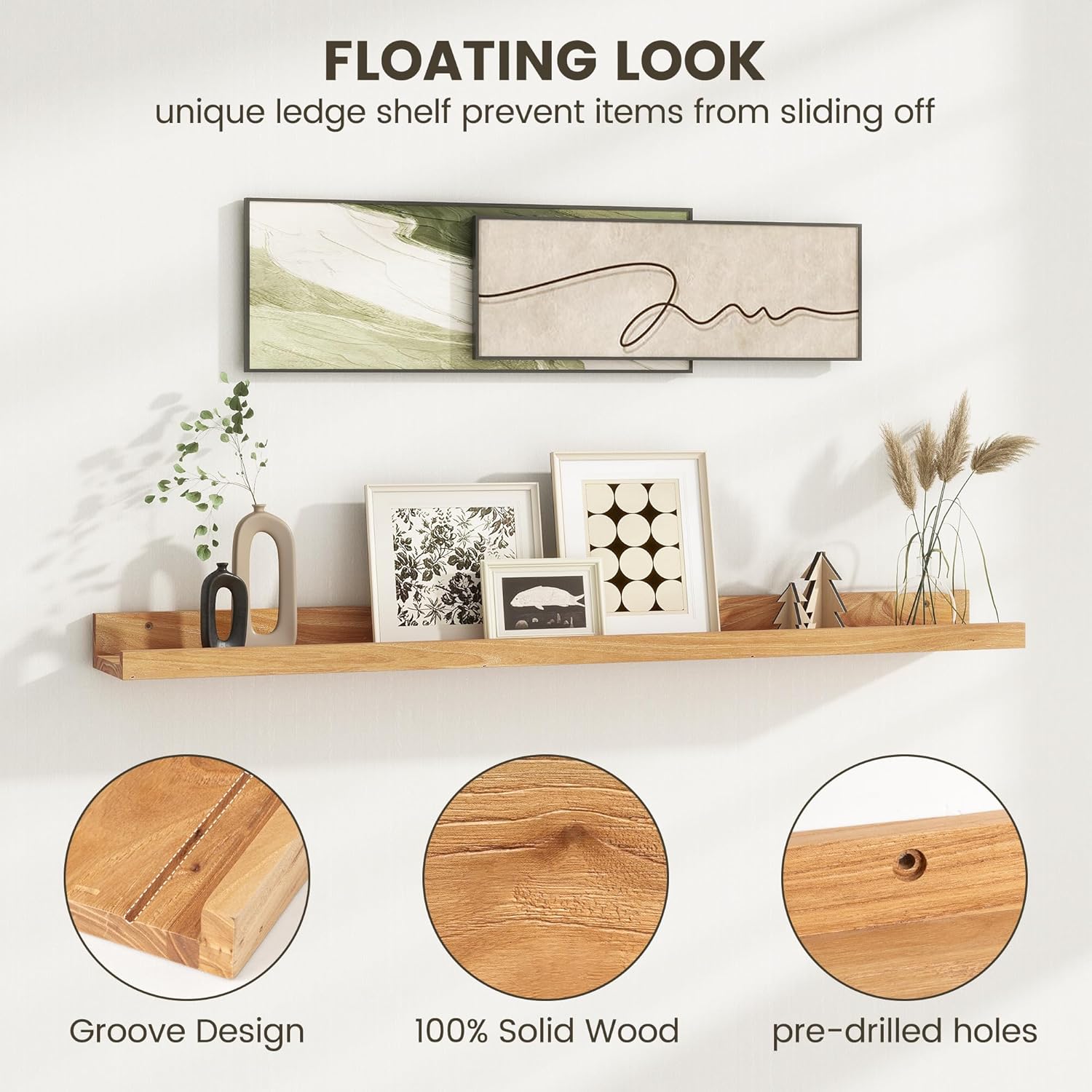 Picture Ledge Shelf Set of 2 - Rustic Elm Wood 24 Inches