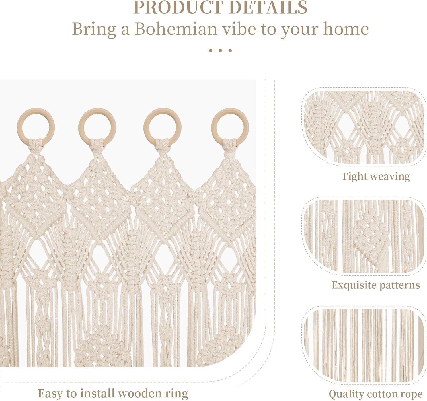 Boho Macrame Curtain with Woven Grommets 79x35 Inches