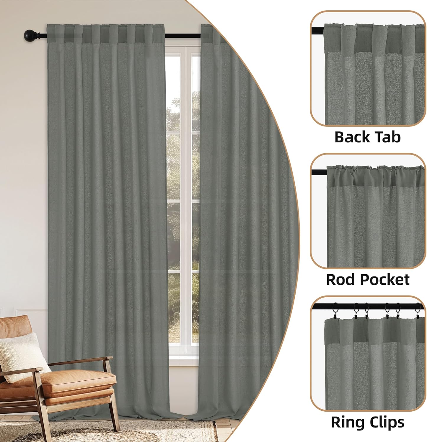 StangH Faux Linen Curtains 2 Panels Set Charcoal Grey 90 Inches Long