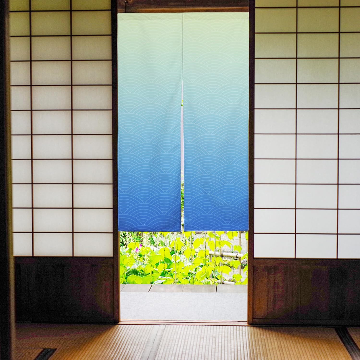 Japanese Noren Door Curtain Blue Beige Wave Pattern