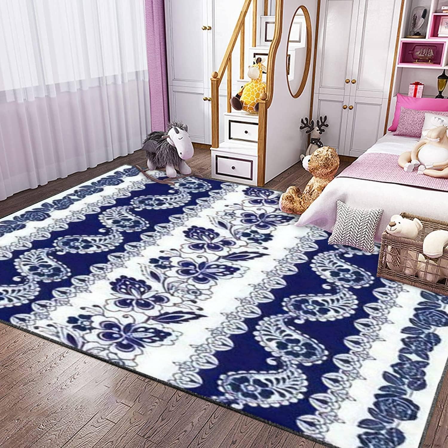Modern 3D Area Rugs Set with Blue Floral Motifs