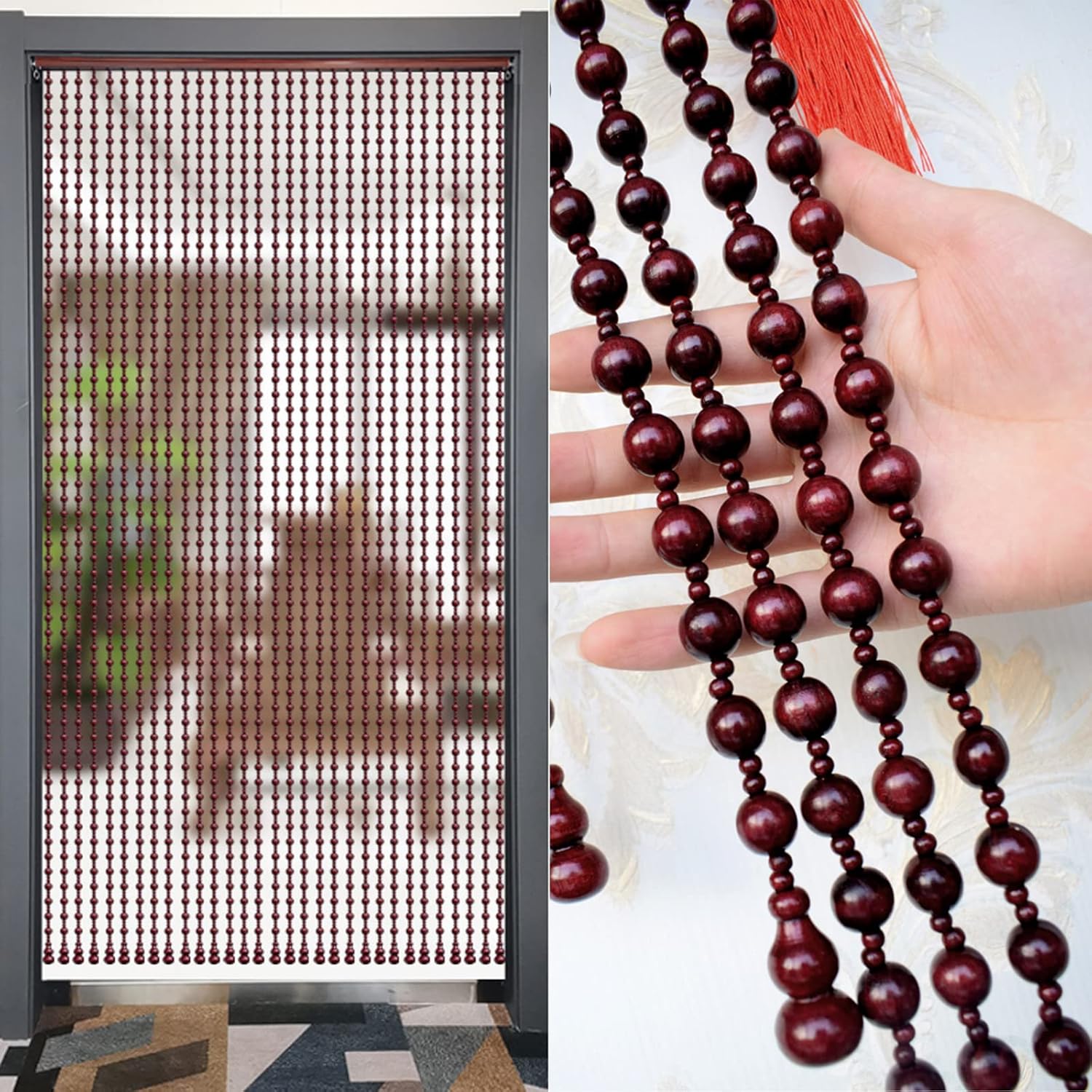 KDDEON Retro Wood Bead Curtain Dark Red 25 Strands 394x827