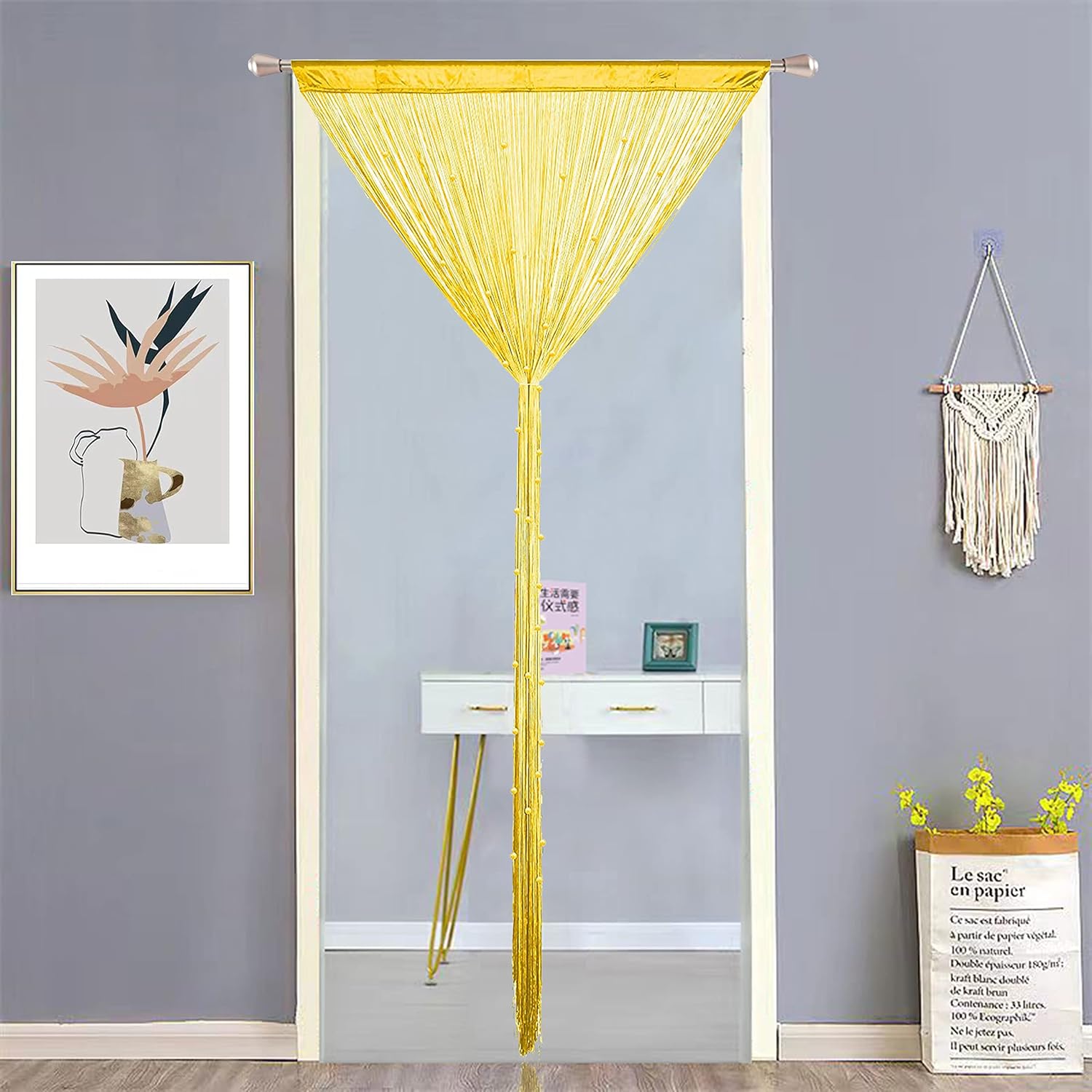 Beaded Curtain Door Divider with Telescopic Rod Yellow 100x200cm