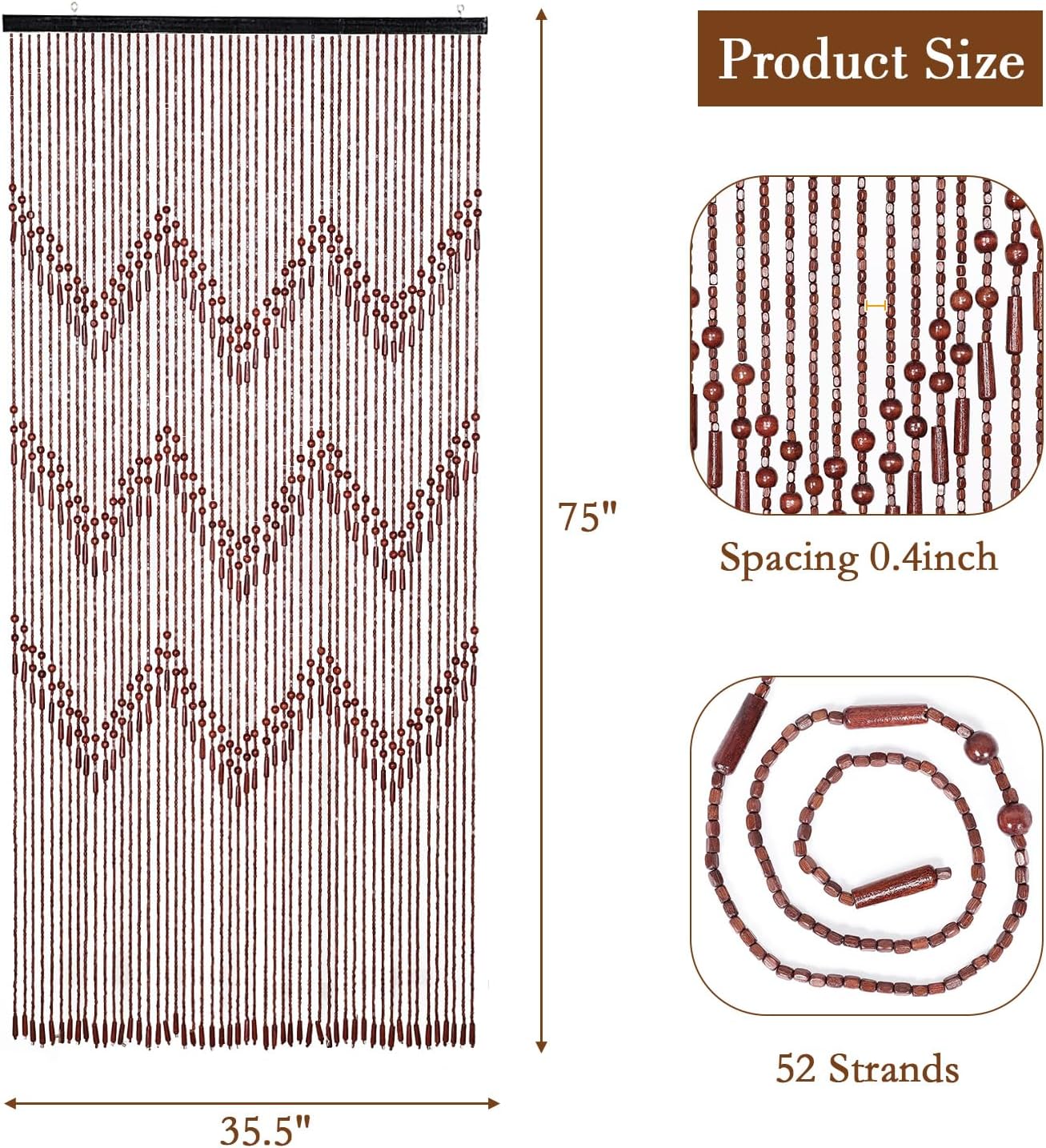 Handmade Bamboo Beaded Curtain - Boho Door Divider 75 x 355 Inches