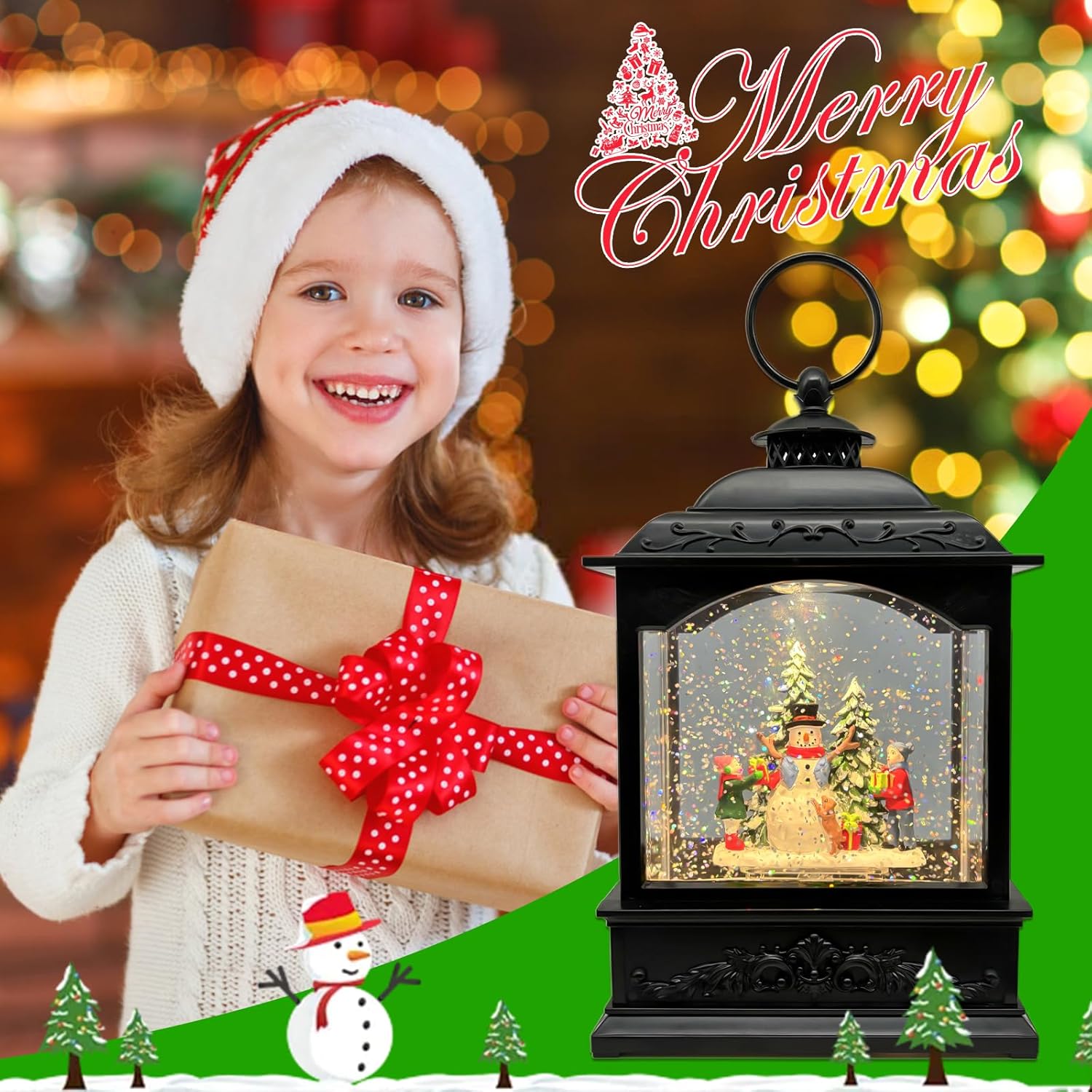 AOMIL Christmas Snow Globe Lantern with Music Timer