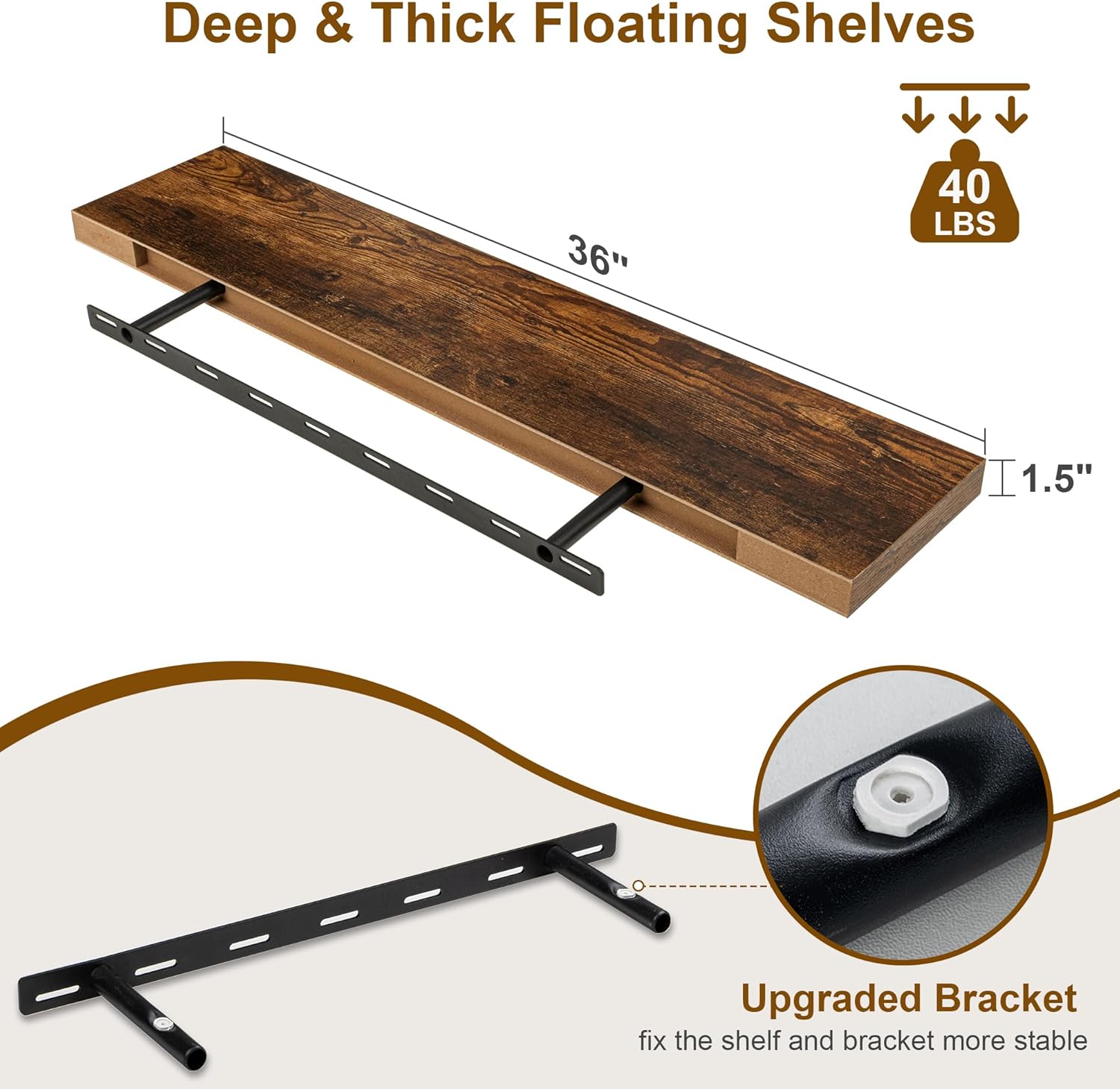 Fun Memories 36 Inch Floating Shelves Set of 2 Brown