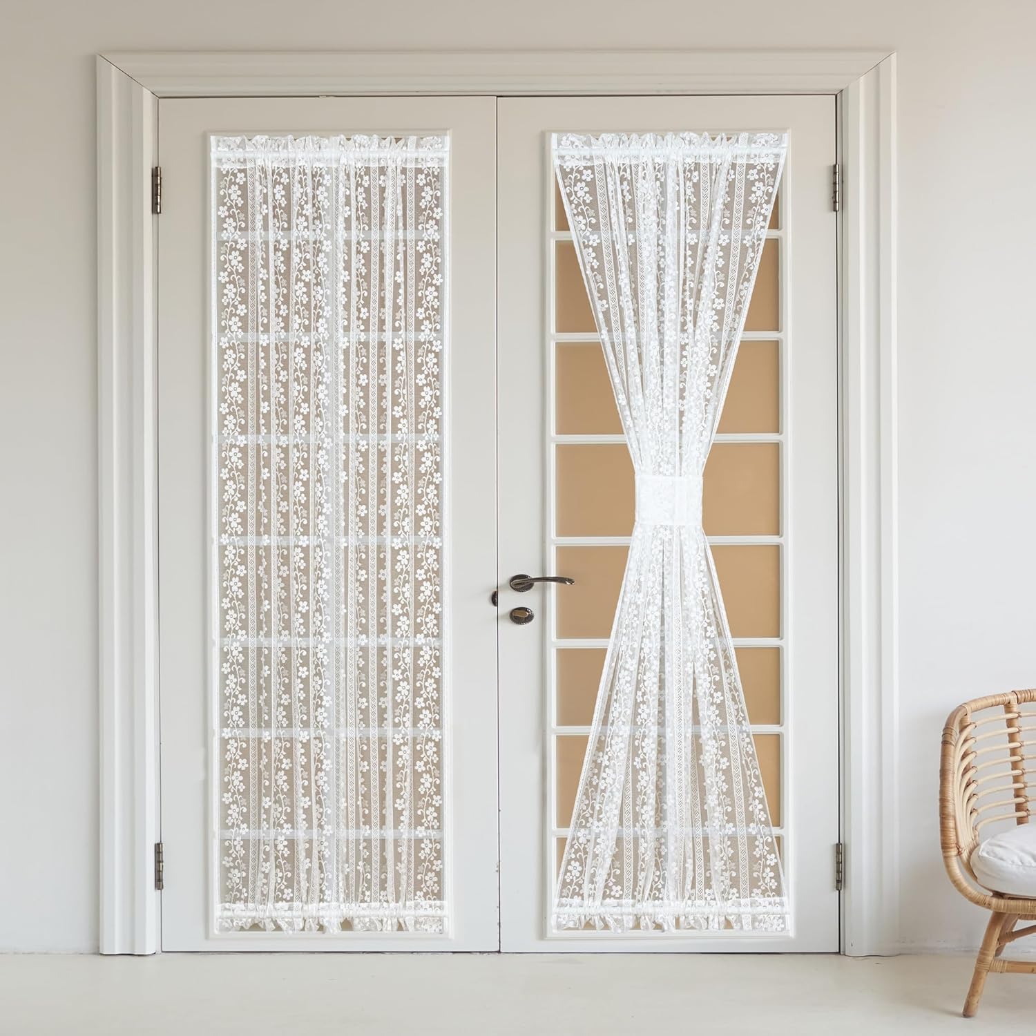 White Lace French Door Curtain with Tieback and Floral Design