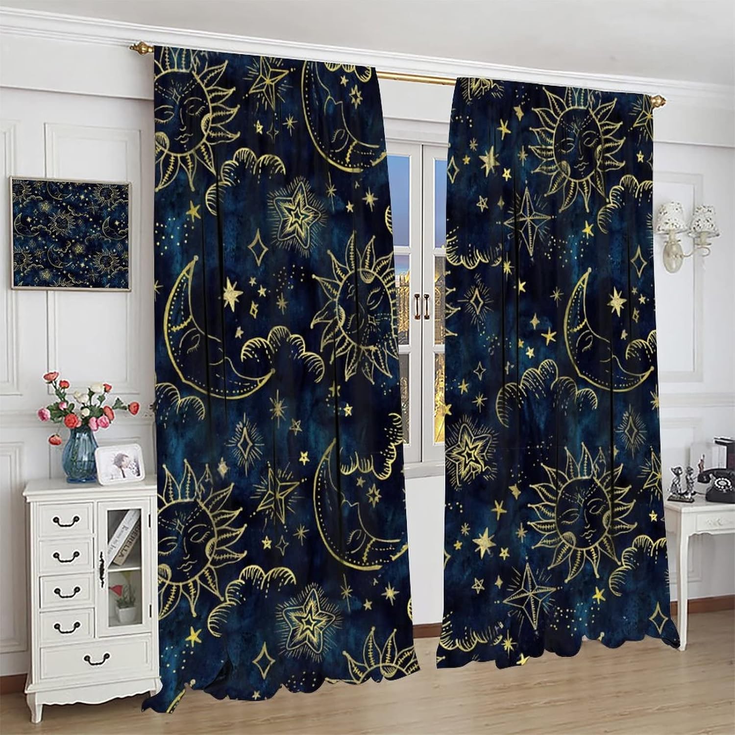 Sun and Moon Curtains Bohemian Art Design 2 Panels 42x45 Inches