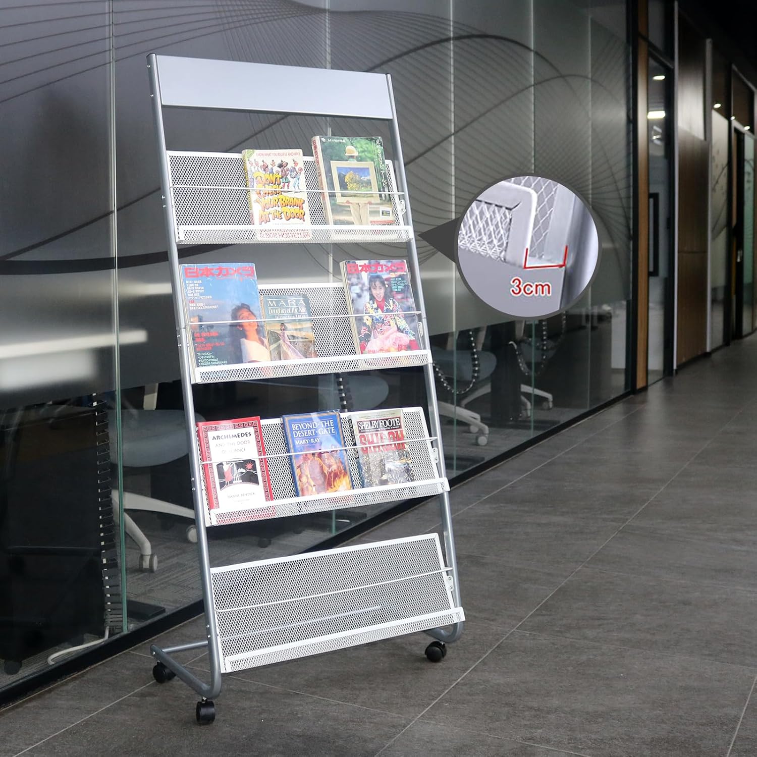 4-Layer Iron Magazine Rack with Wheels Silver