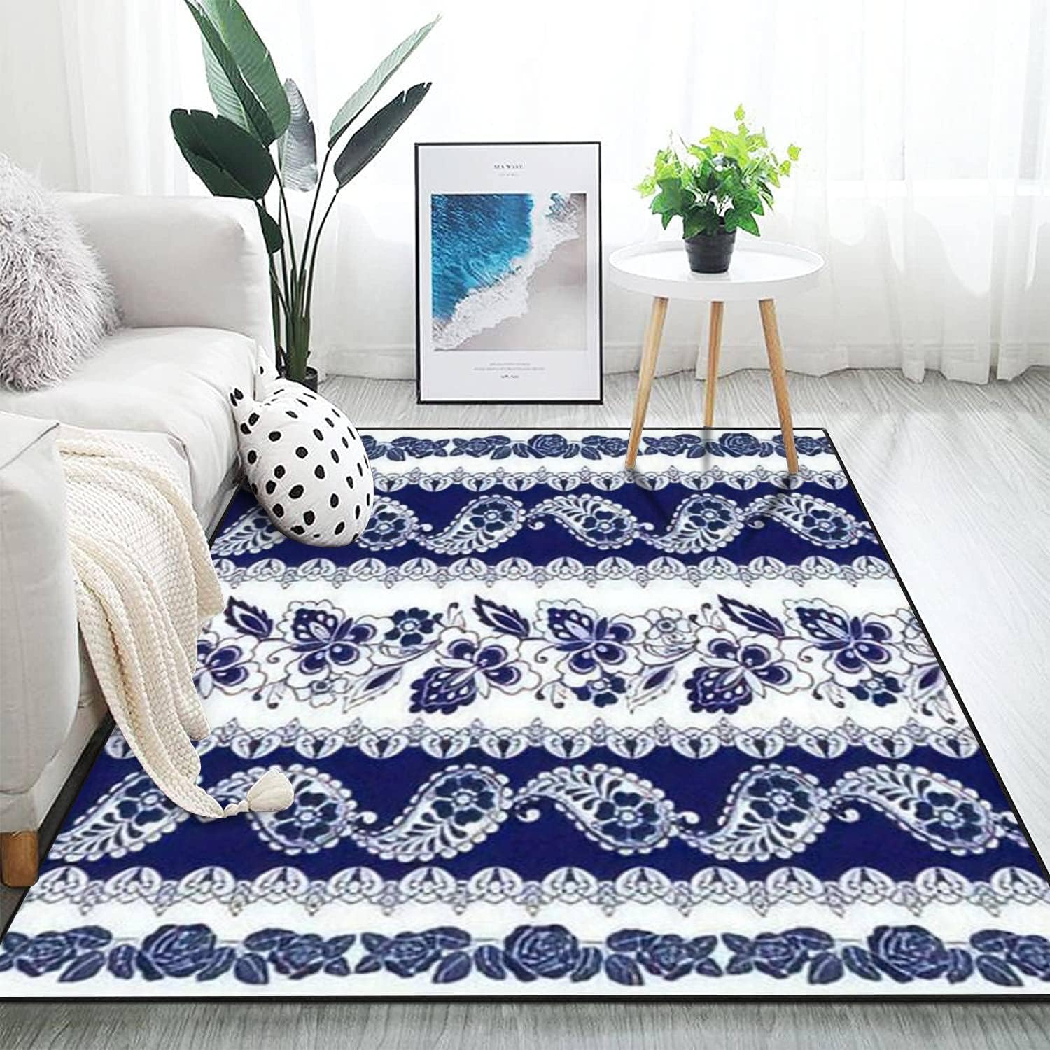 Modern 3D Area Rugs Set with Blue Floral Motifs