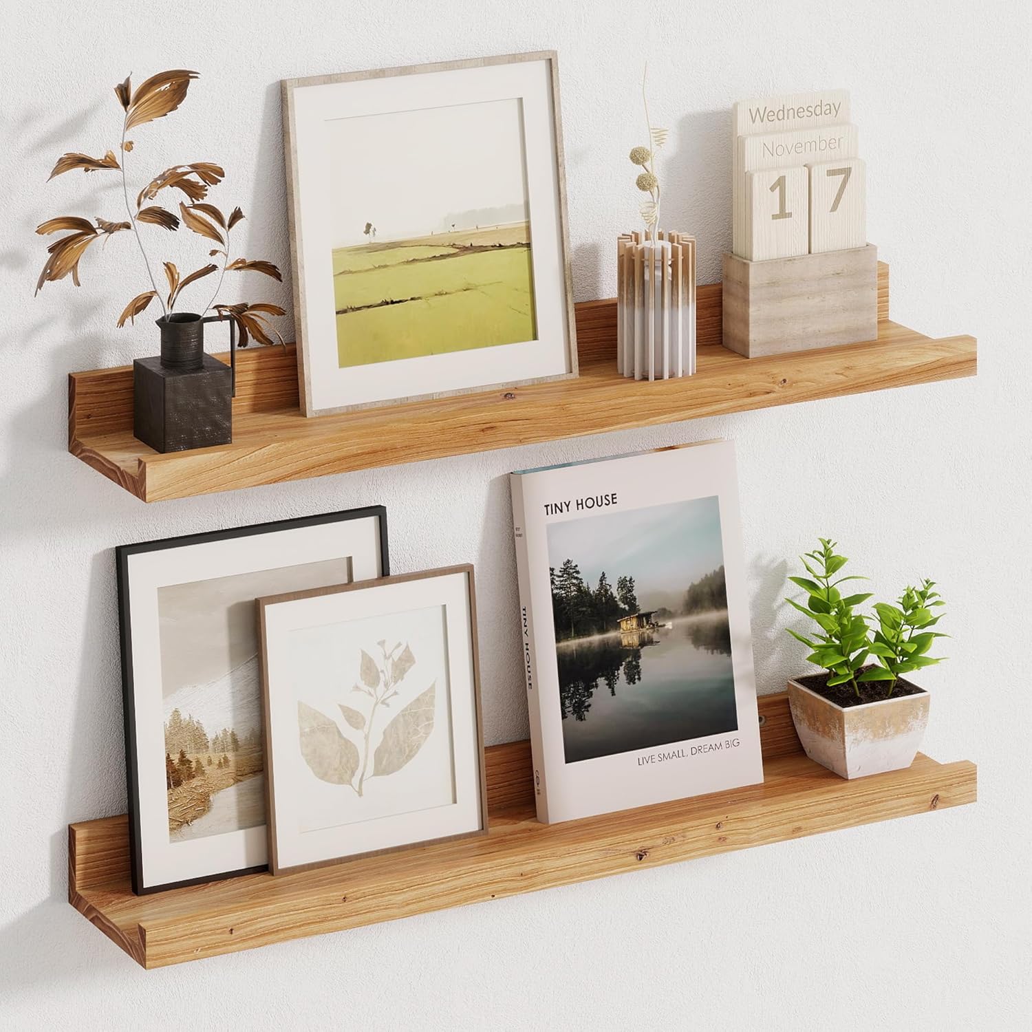 Picture Ledge Shelf Set of 2 - Rustic Elm Wood 24 Inches
