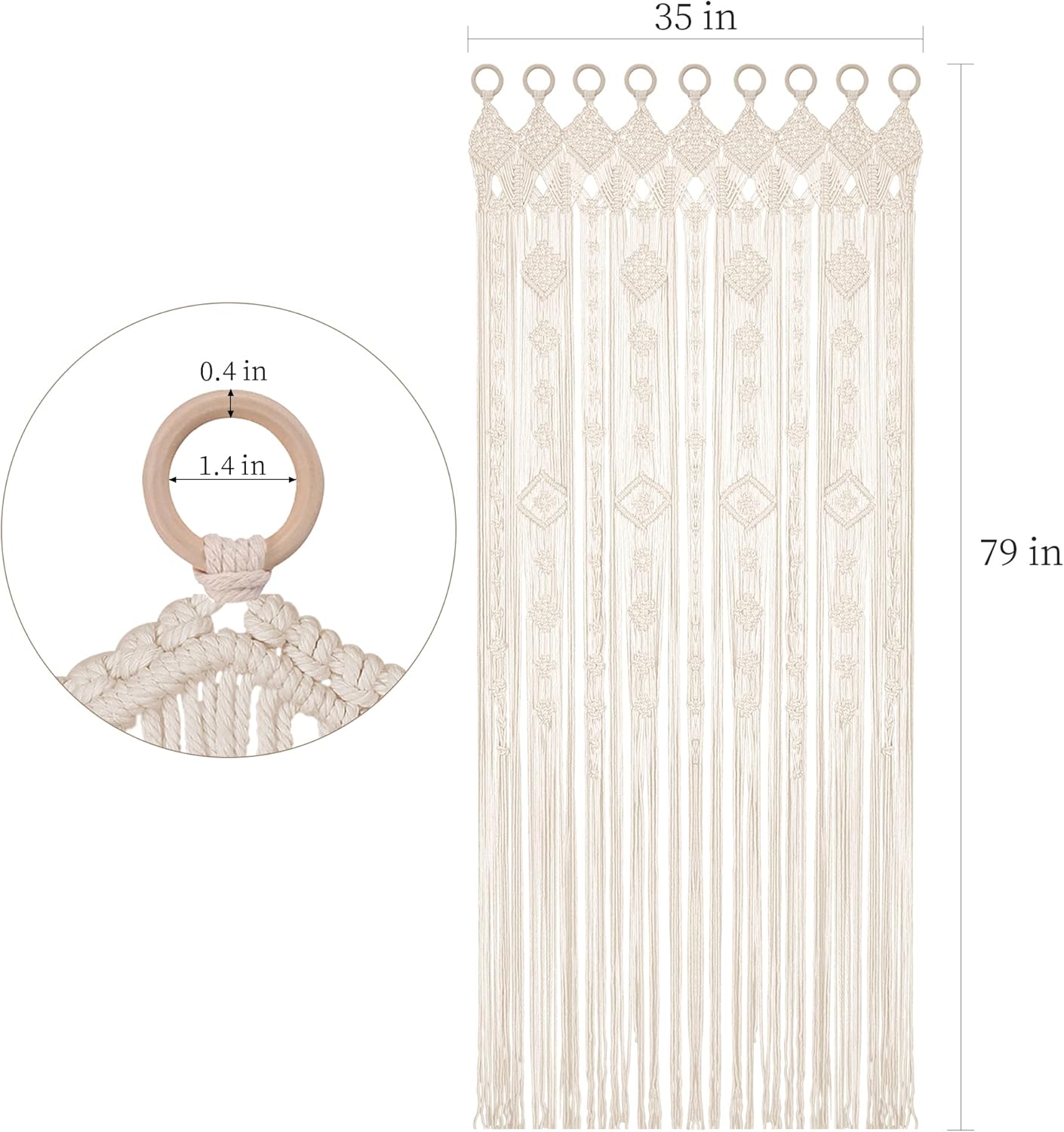 Boho Macrame Curtain with Woven Grommets 79x35 Inches