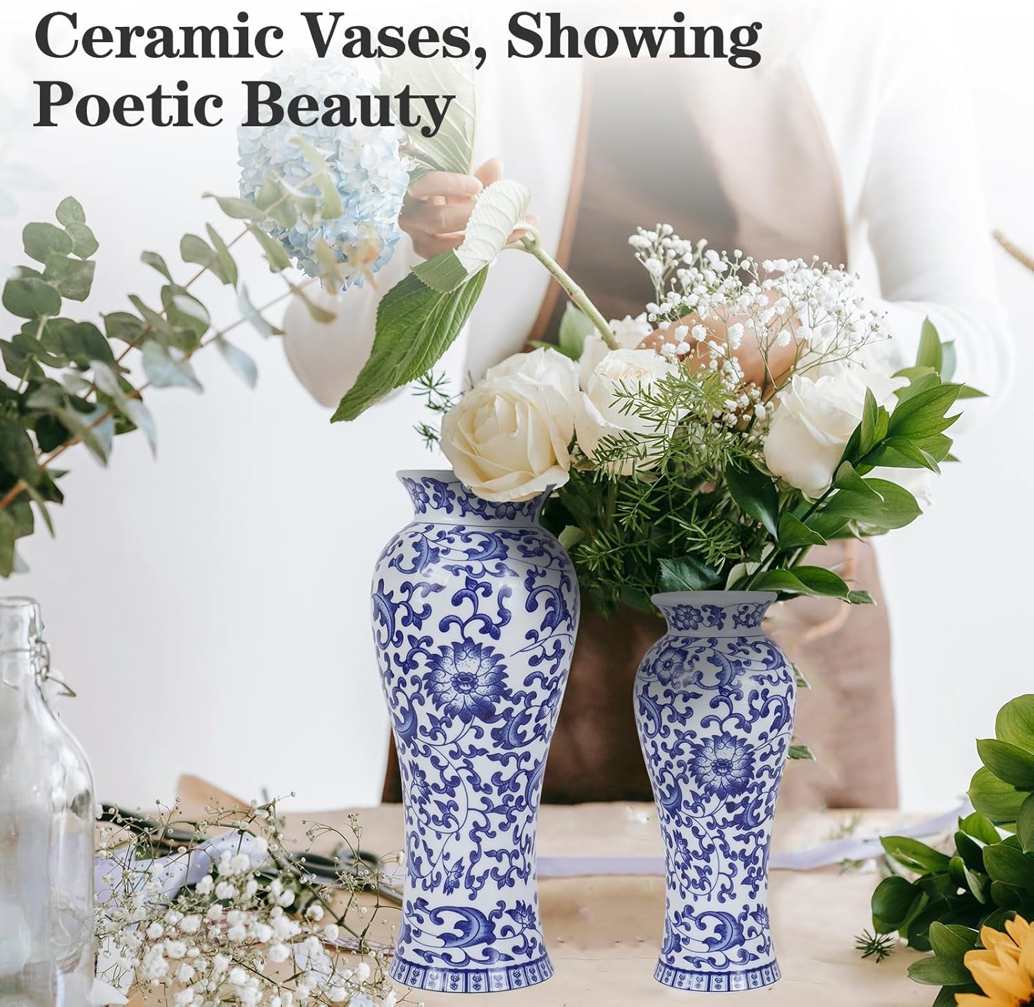 Yunjuhop Chinoiserie Blue and White Vase Decor