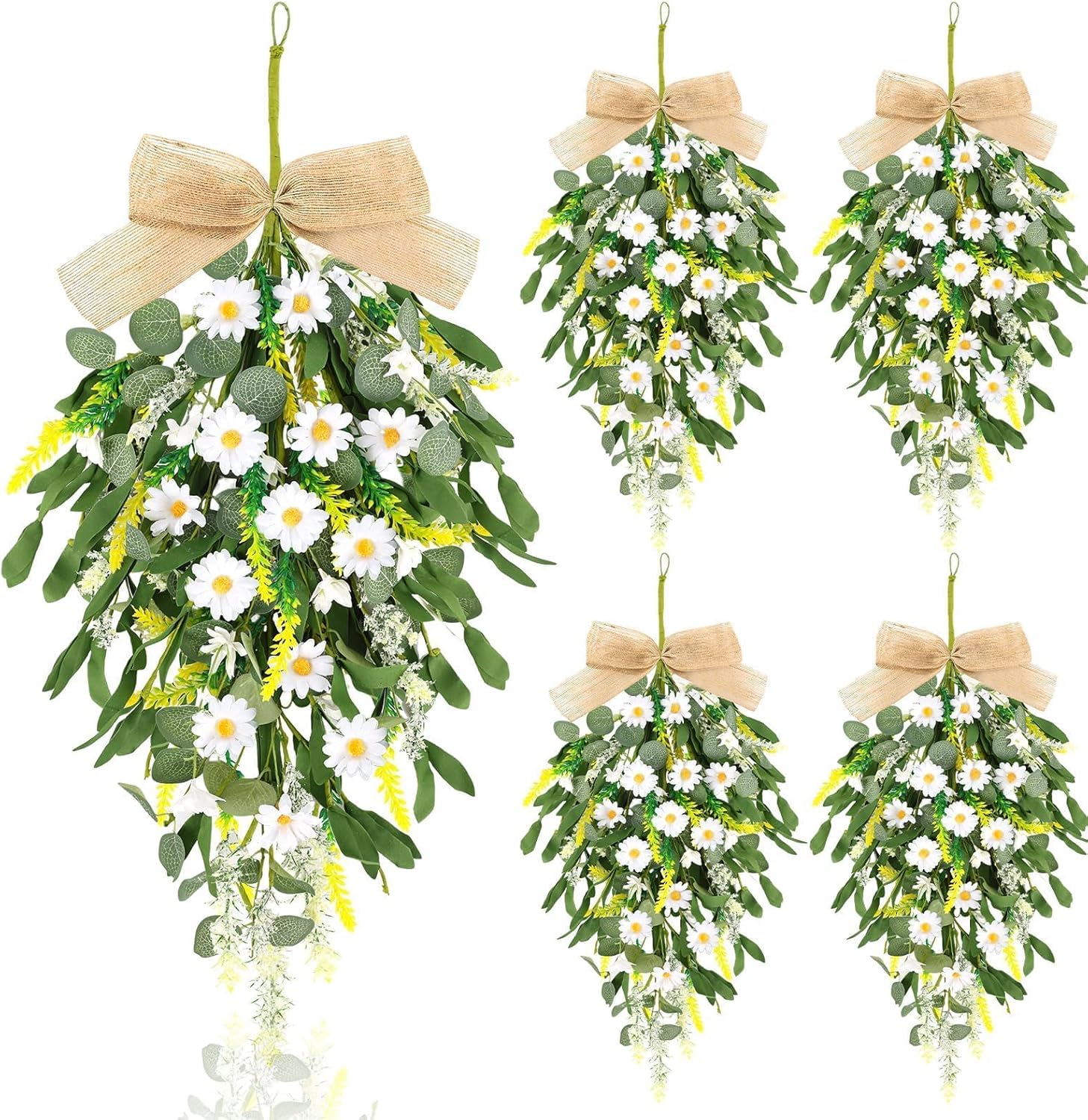 4 Pcs 24 Inch Artificial White Daisy Teardrop Wreath Swag