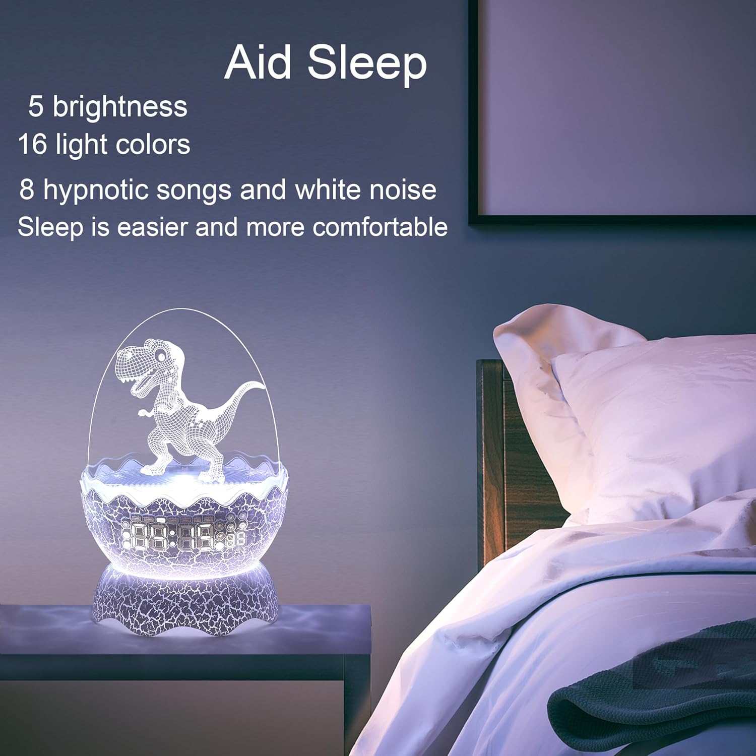 Cute Dinosaur Egg Alarm Clock with Night Light and Bluetooth Speaker