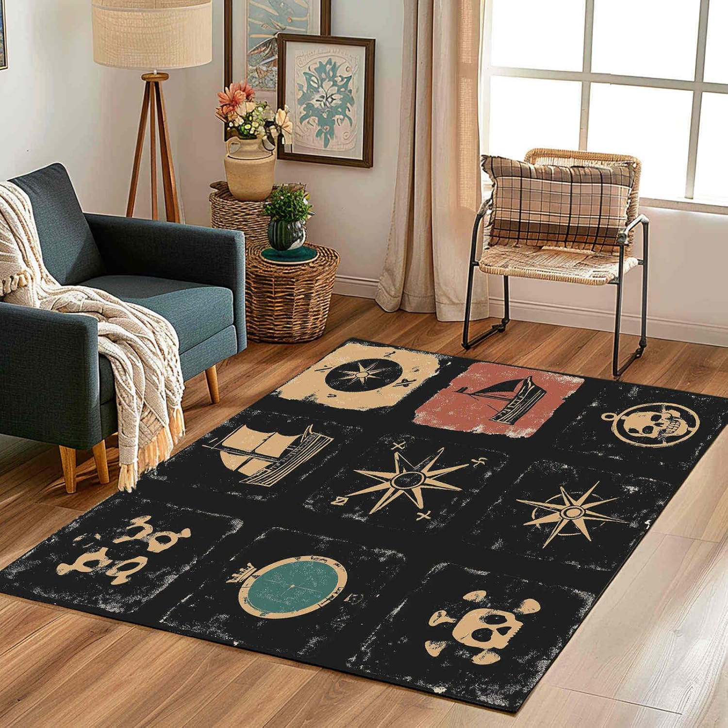 Cartoon Marine Telescope Washable Area Rug 5x6ft