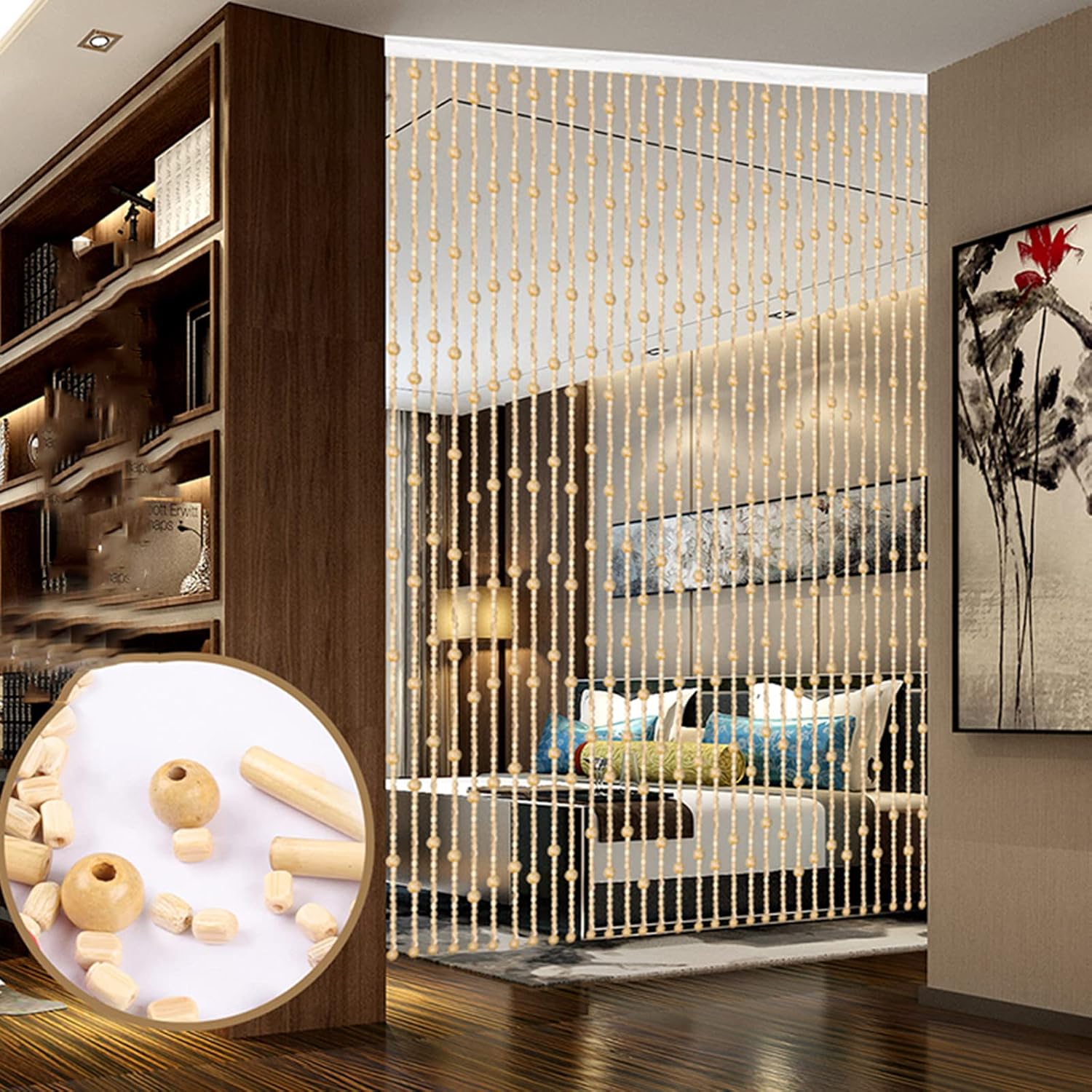 Natural Wood and Bamboo Beaded Curtain with 61 Strands