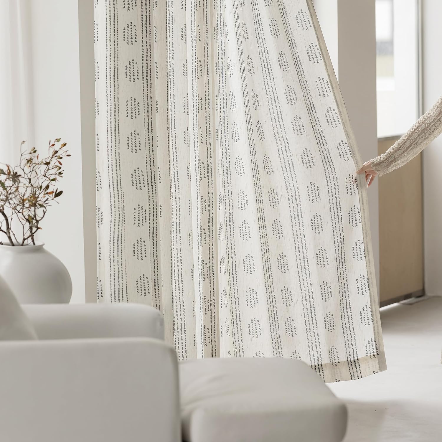 Boho Linen Curtains 2 Panels Black on Beige