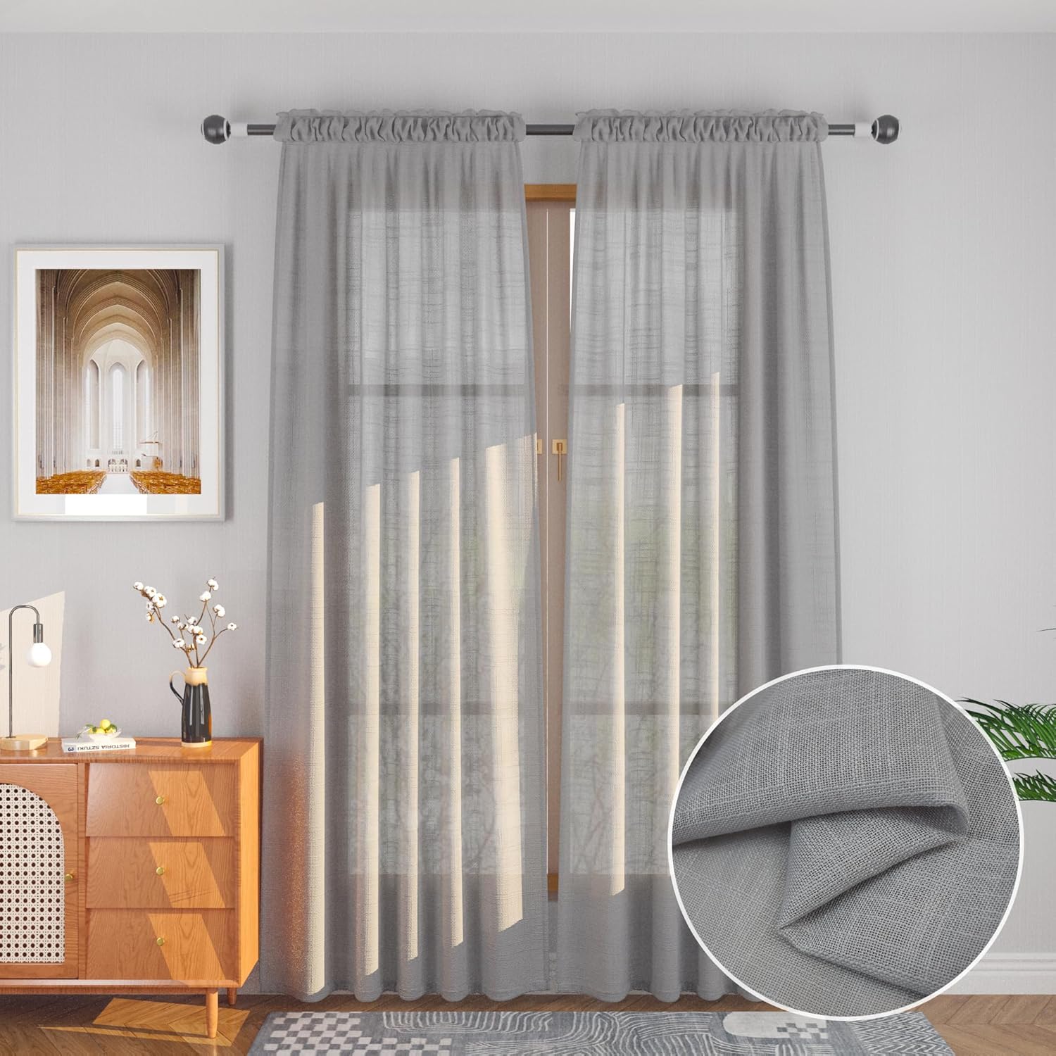 UPOPO Grey Sheer Curtains 2 Panels 52x80 Inch Rod Pocket