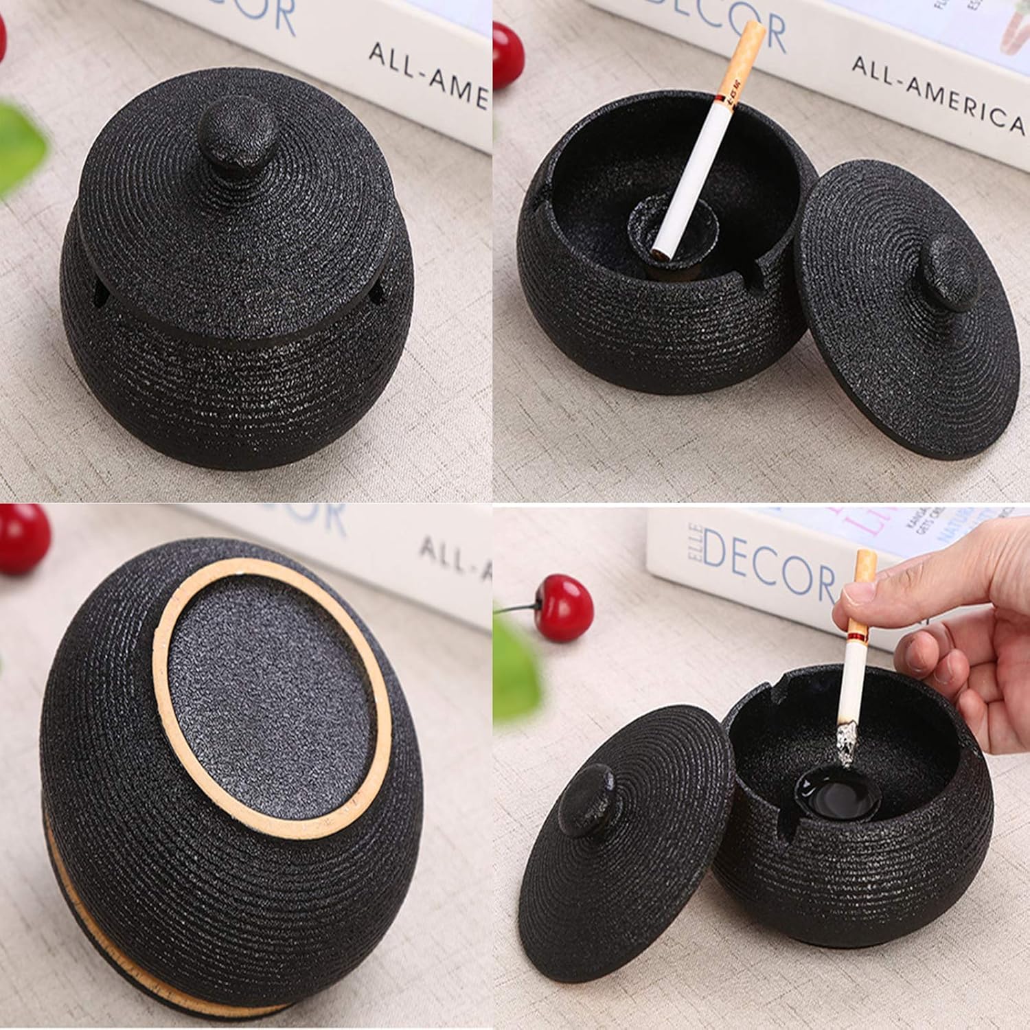 Ceramic Cigarette Ashtray with Lid - Black