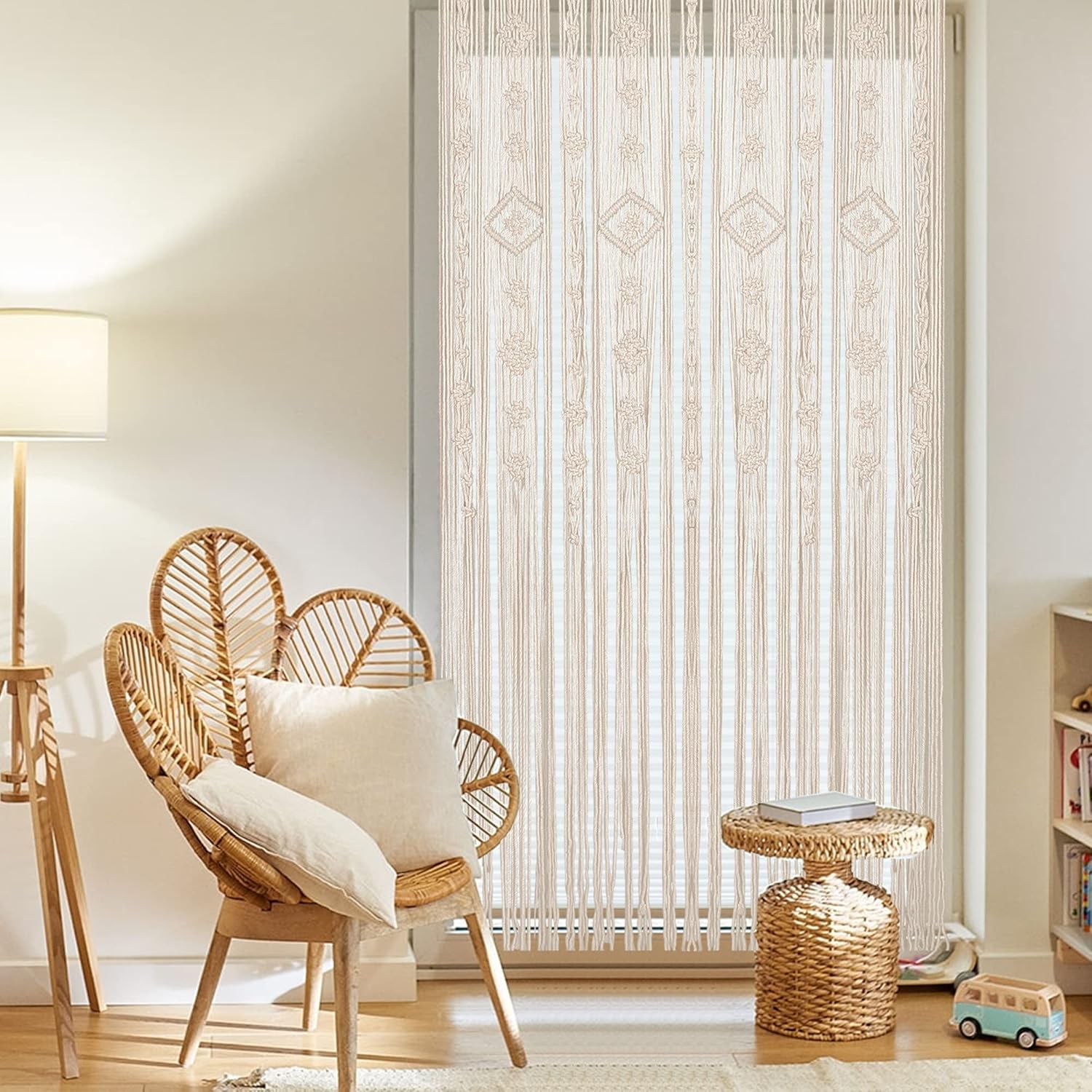 Boho Macrame Curtain with Woven Grommets 79x35 Inches