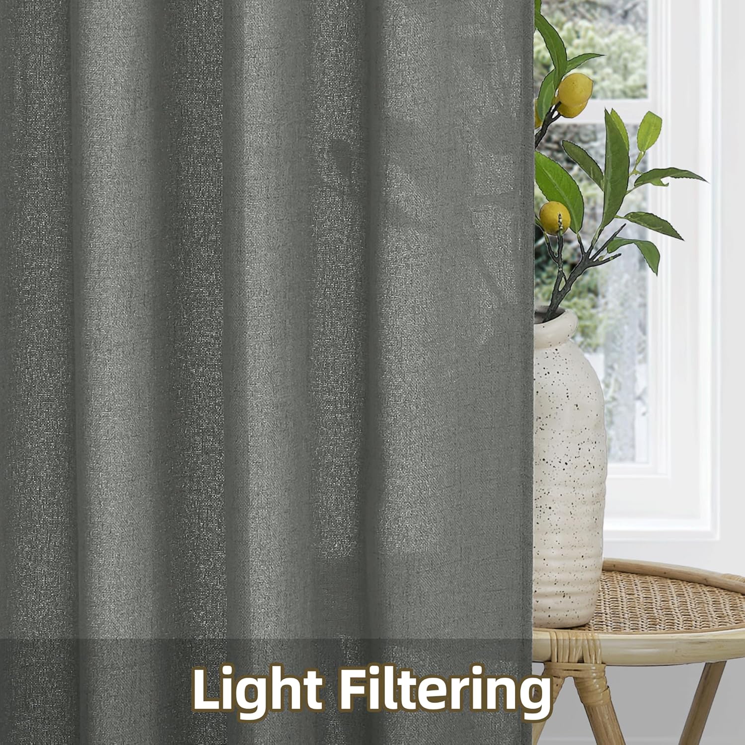 StangH Faux Linen Curtains 2 Panels Set Charcoal Grey 90 Inches Long