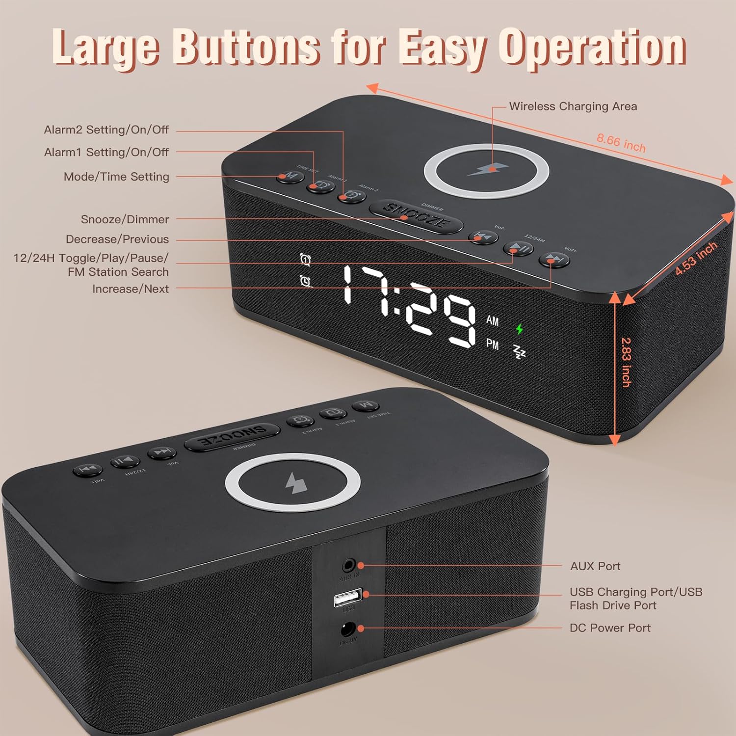 Dual Alarm Clock Radio with Bluetooth and White Noise