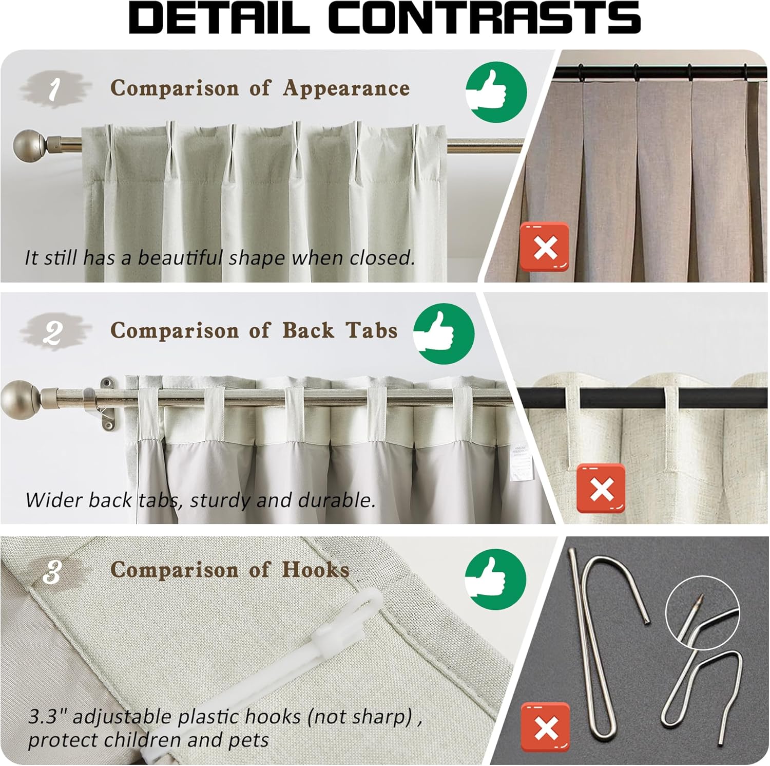 MAIHER 80 Inch Blackout Linen Curtains with Pinch Pleat and Back Tabs